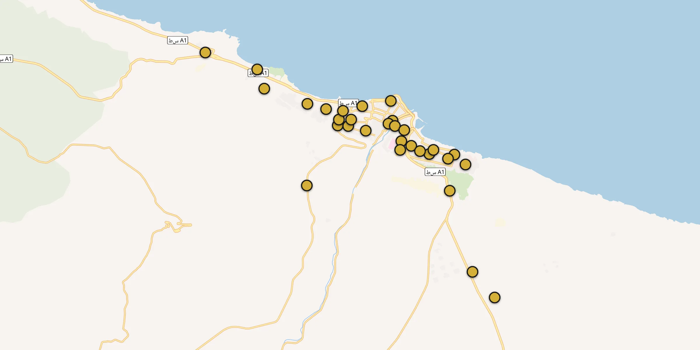 Plan des mosquées à Derna : cliquez sur un point pour voir la fiche