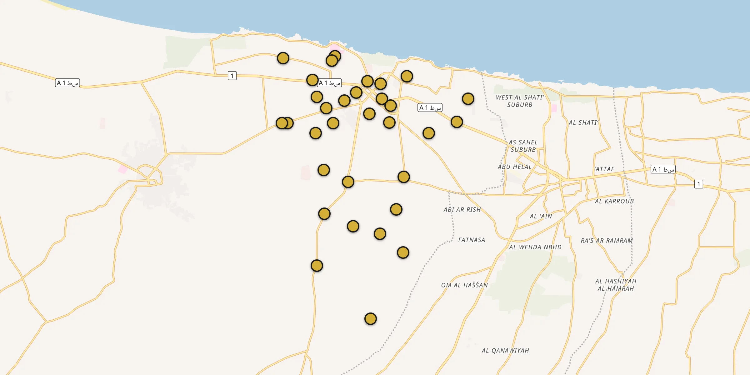 Plan des mosquées à Şabrātah : cliquez sur un point pour voir la fiche