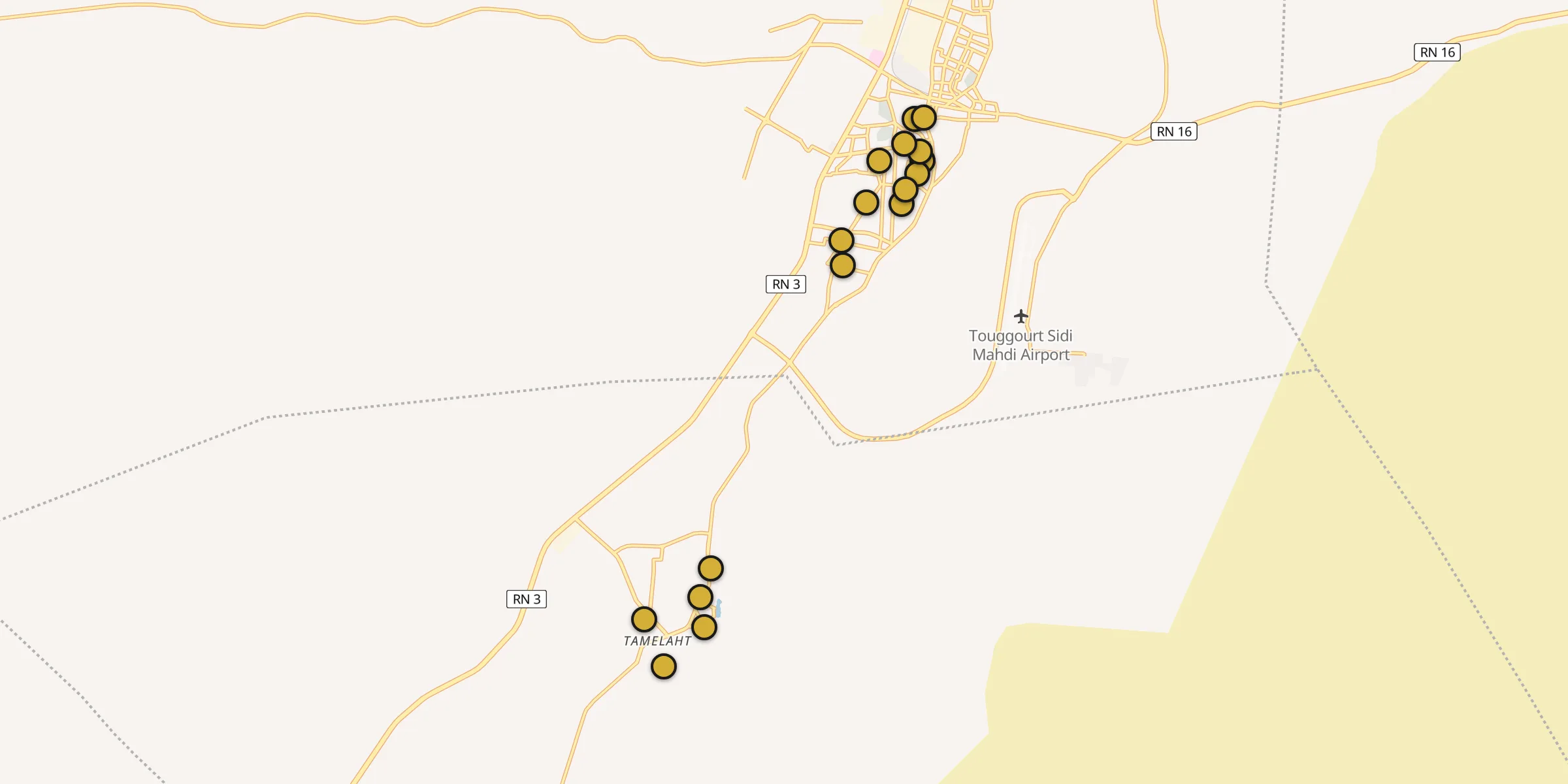 Plan des mosquées à Touggourt : cliquez sur un point pour voir la fiche