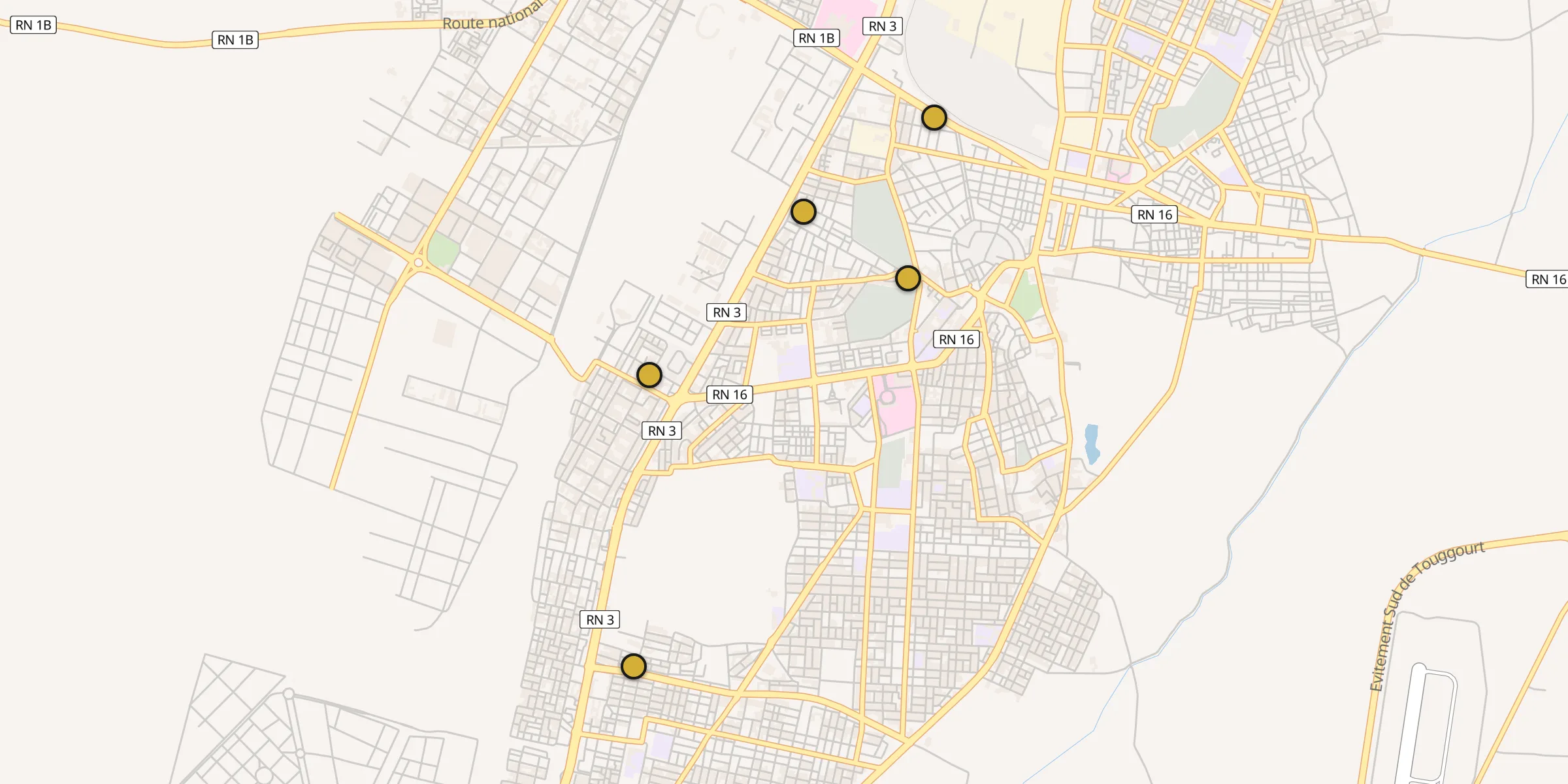 Plan des mosquées à Touggourt : cliquez sur un point pour voir la fiche