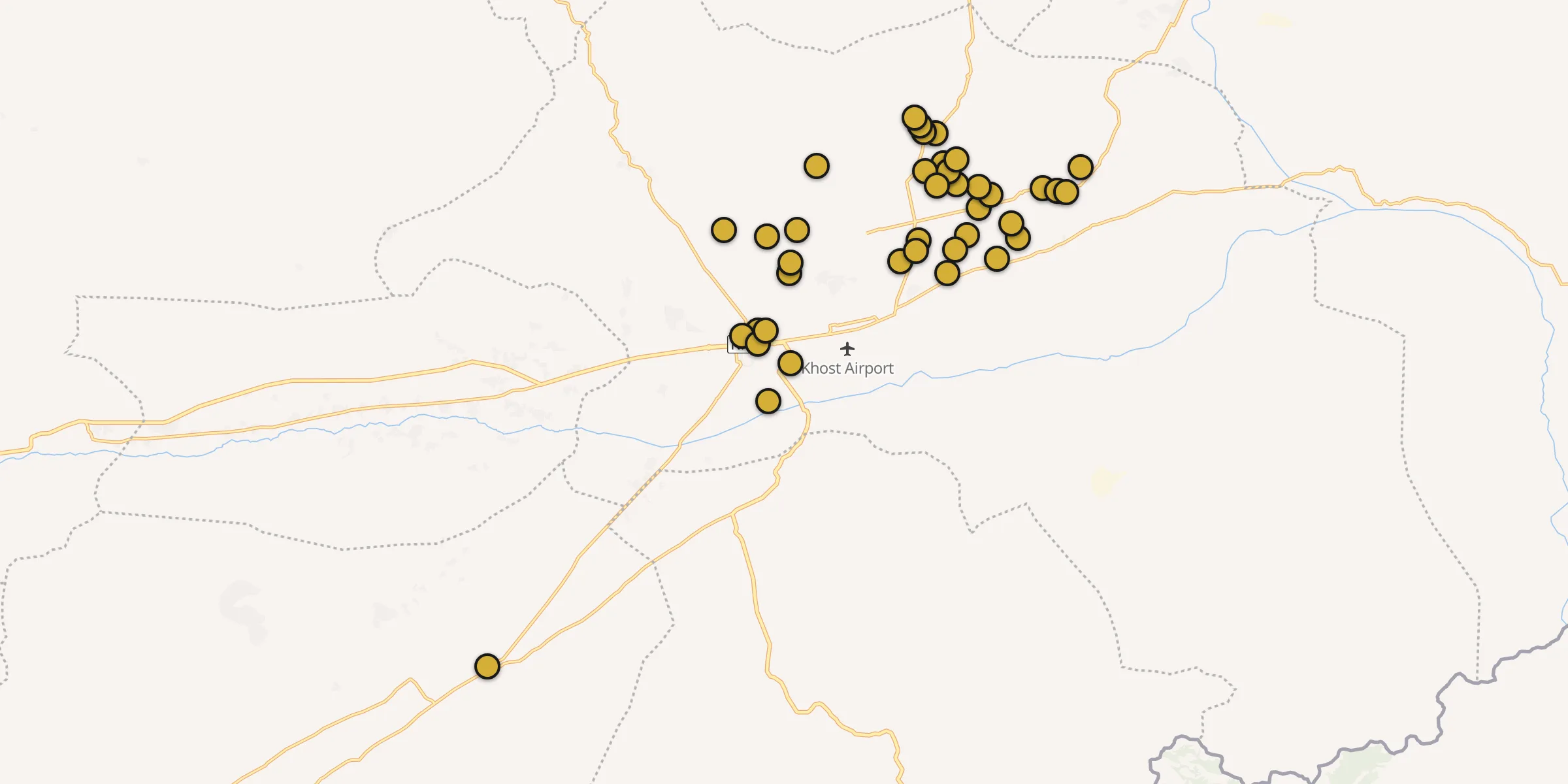 Plan des mosquées à Khōst : cliquez sur un point pour voir la fiche