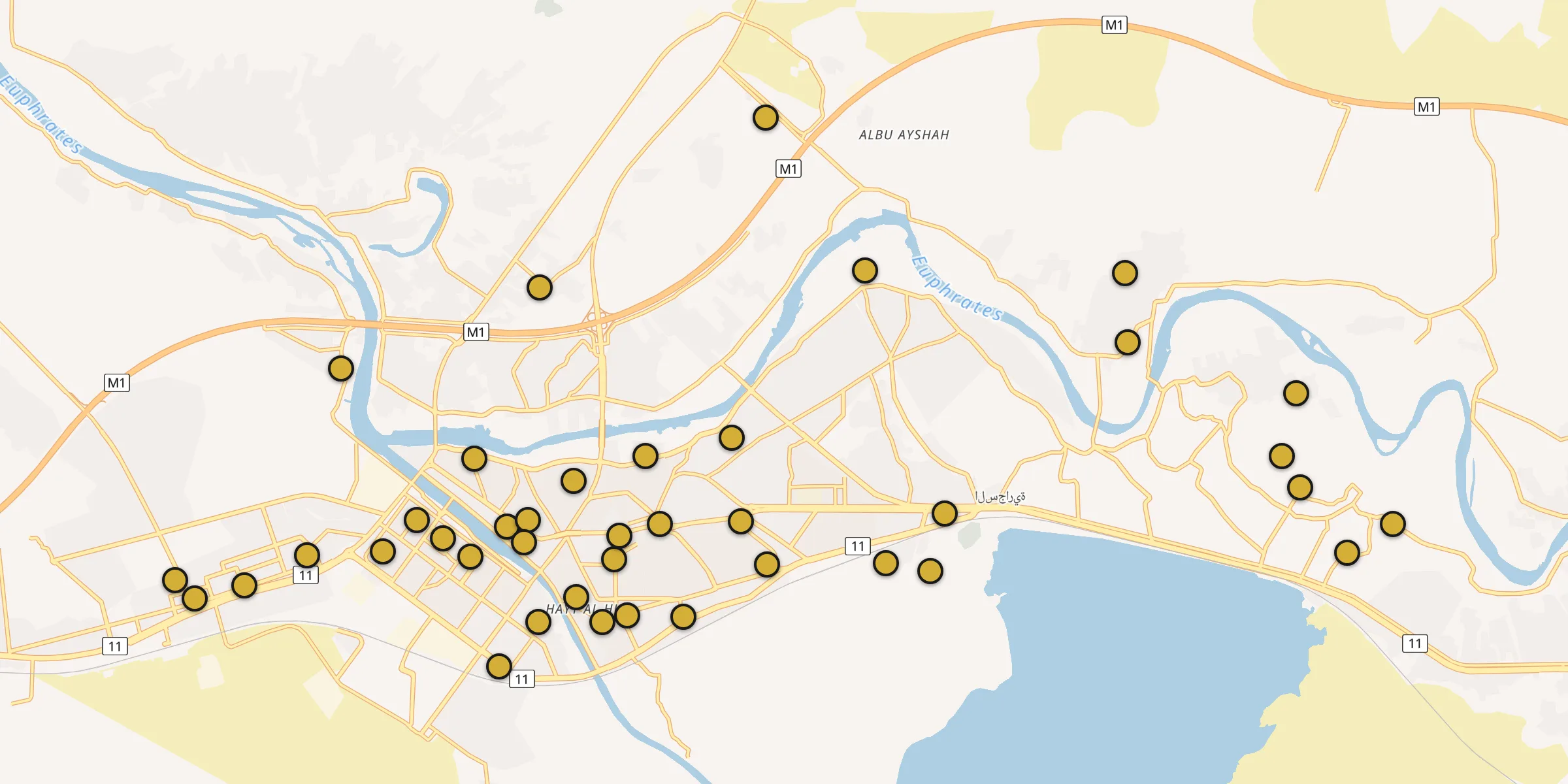 Plan des mosquées à Ramadi : cliquez sur un point pour voir la fiche