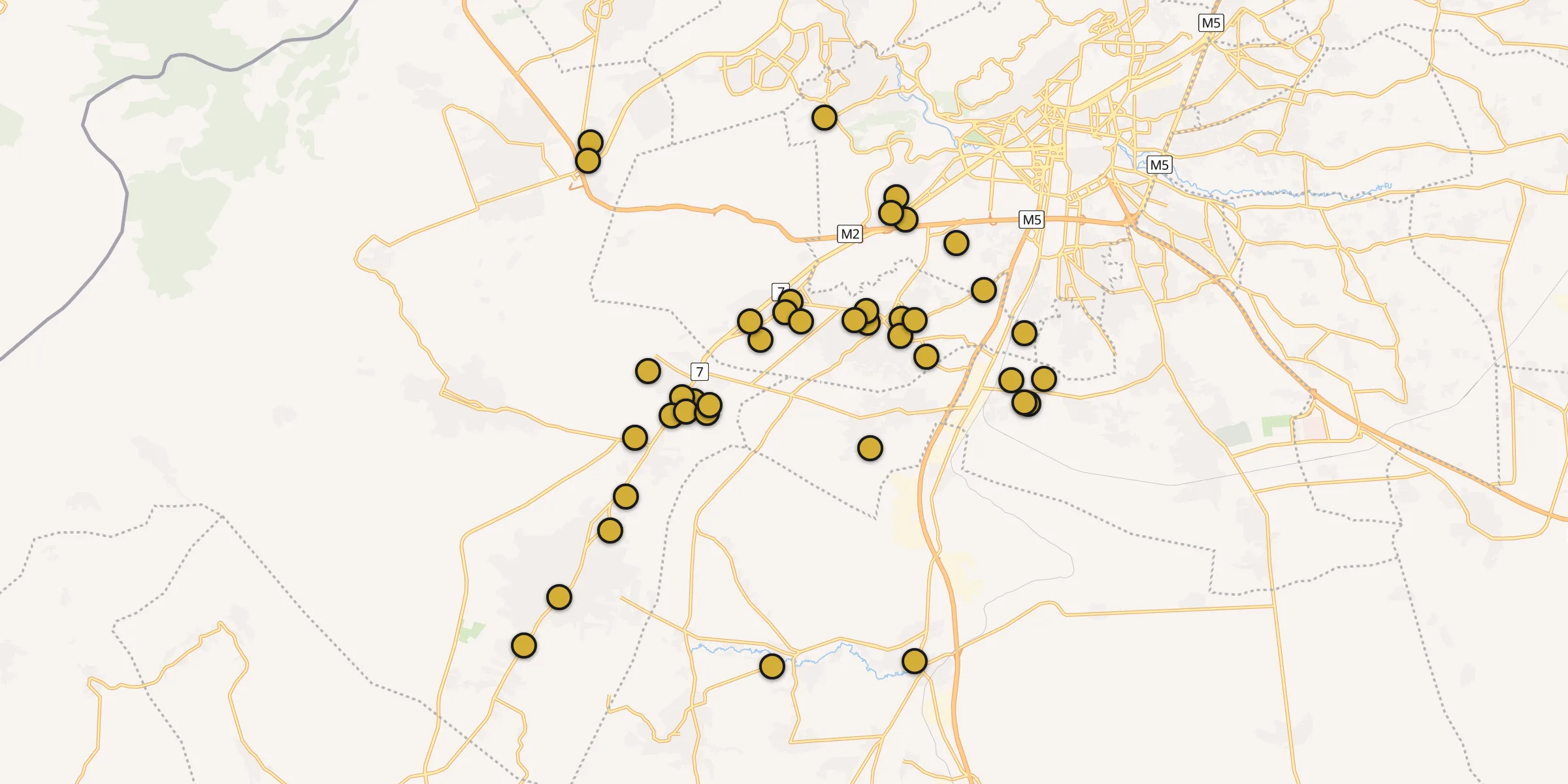 Plan des mosquées à Dārayyā : cliquez sur un point pour voir la fiche