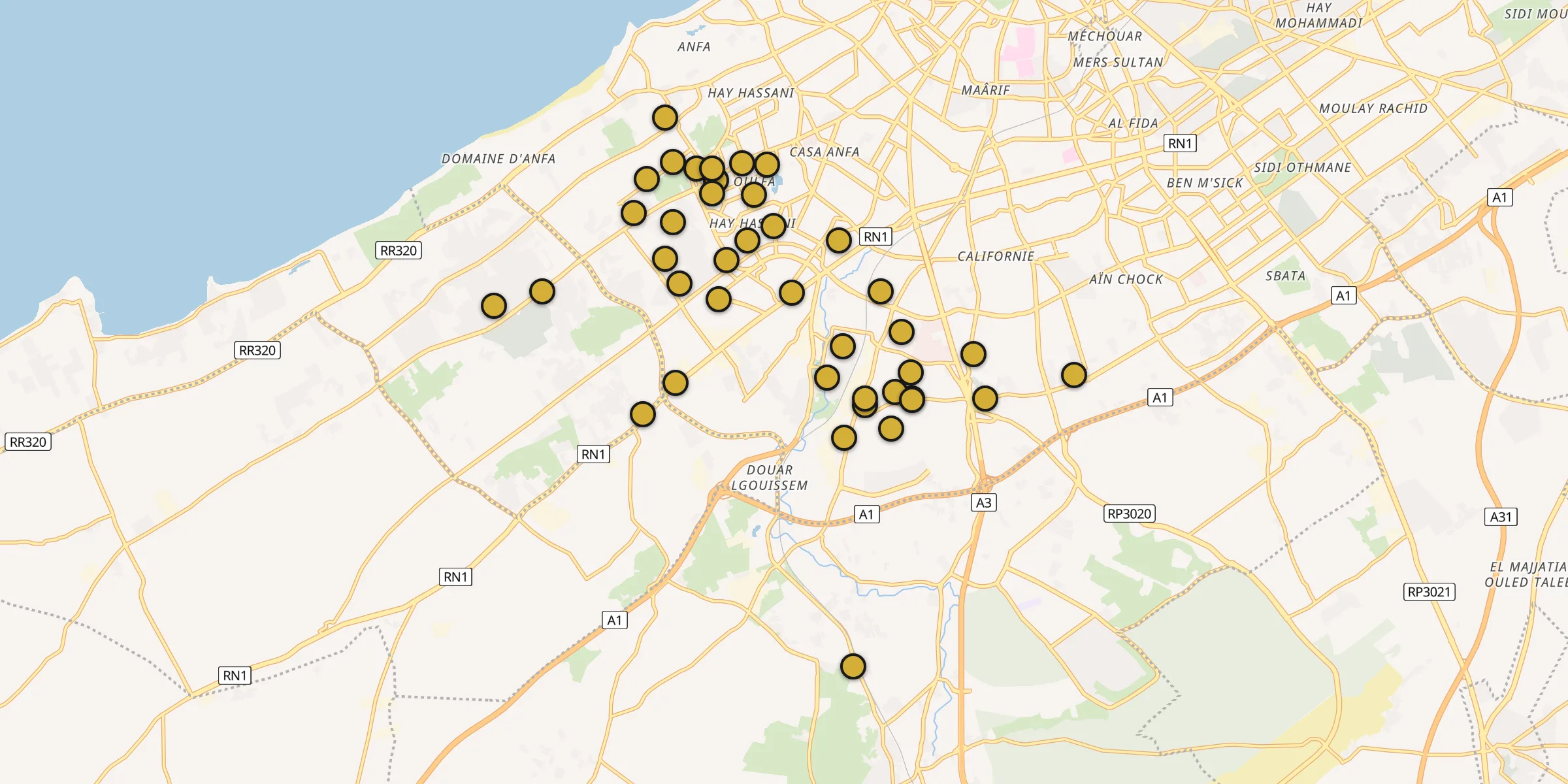 Plan des mosquées à Nouaceur : cliquez sur un point pour voir la fiche