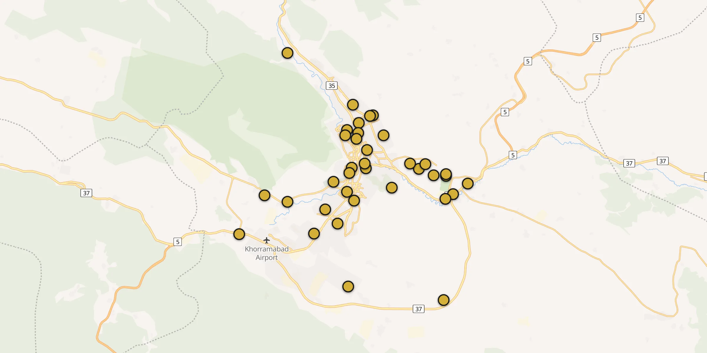Plan des mosquées à Khorramabad : cliquez sur un point pour voir la fiche