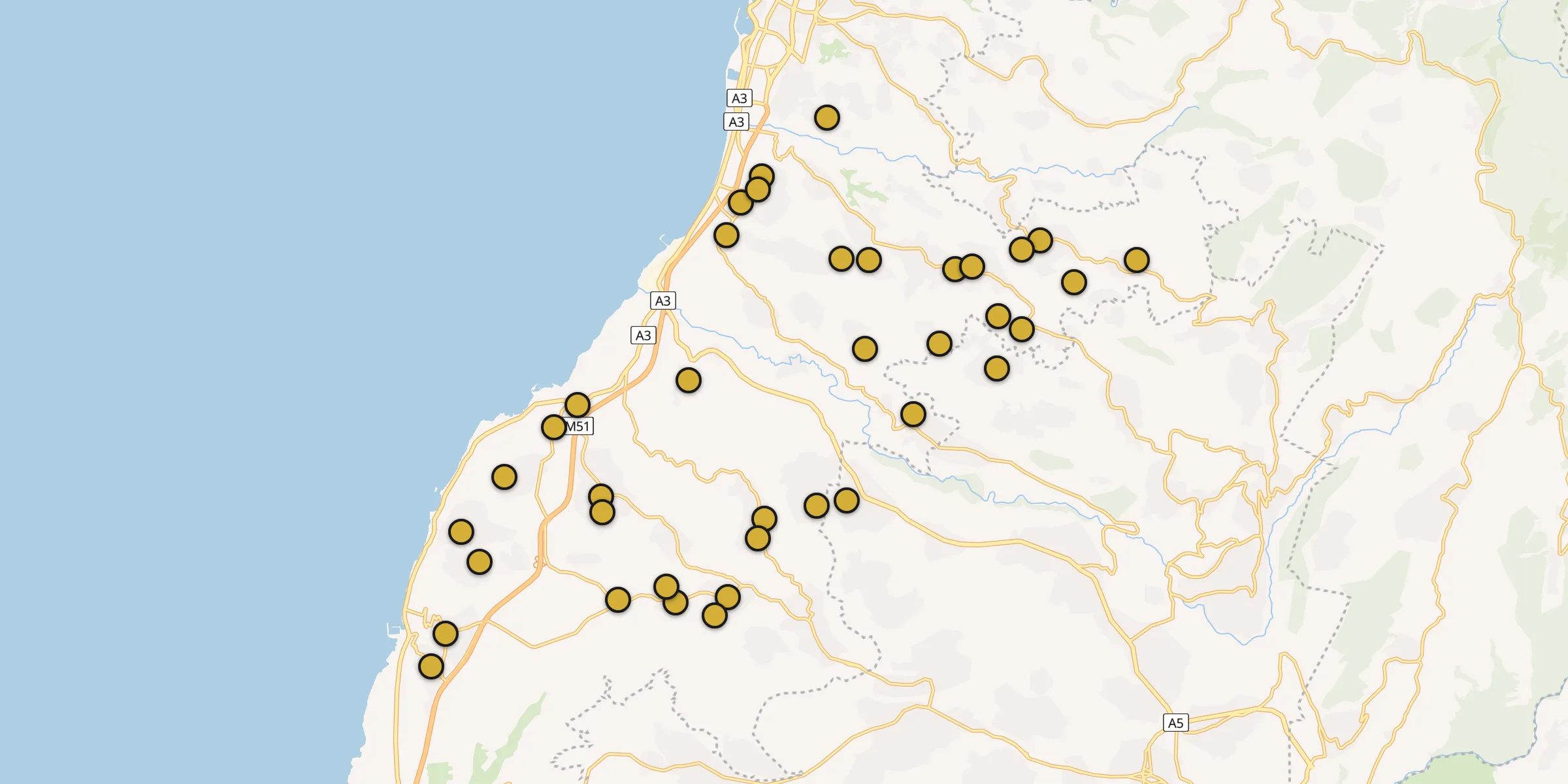 Plan des mosquées à Ghaziyeh : cliquez sur un point pour voir la fiche
