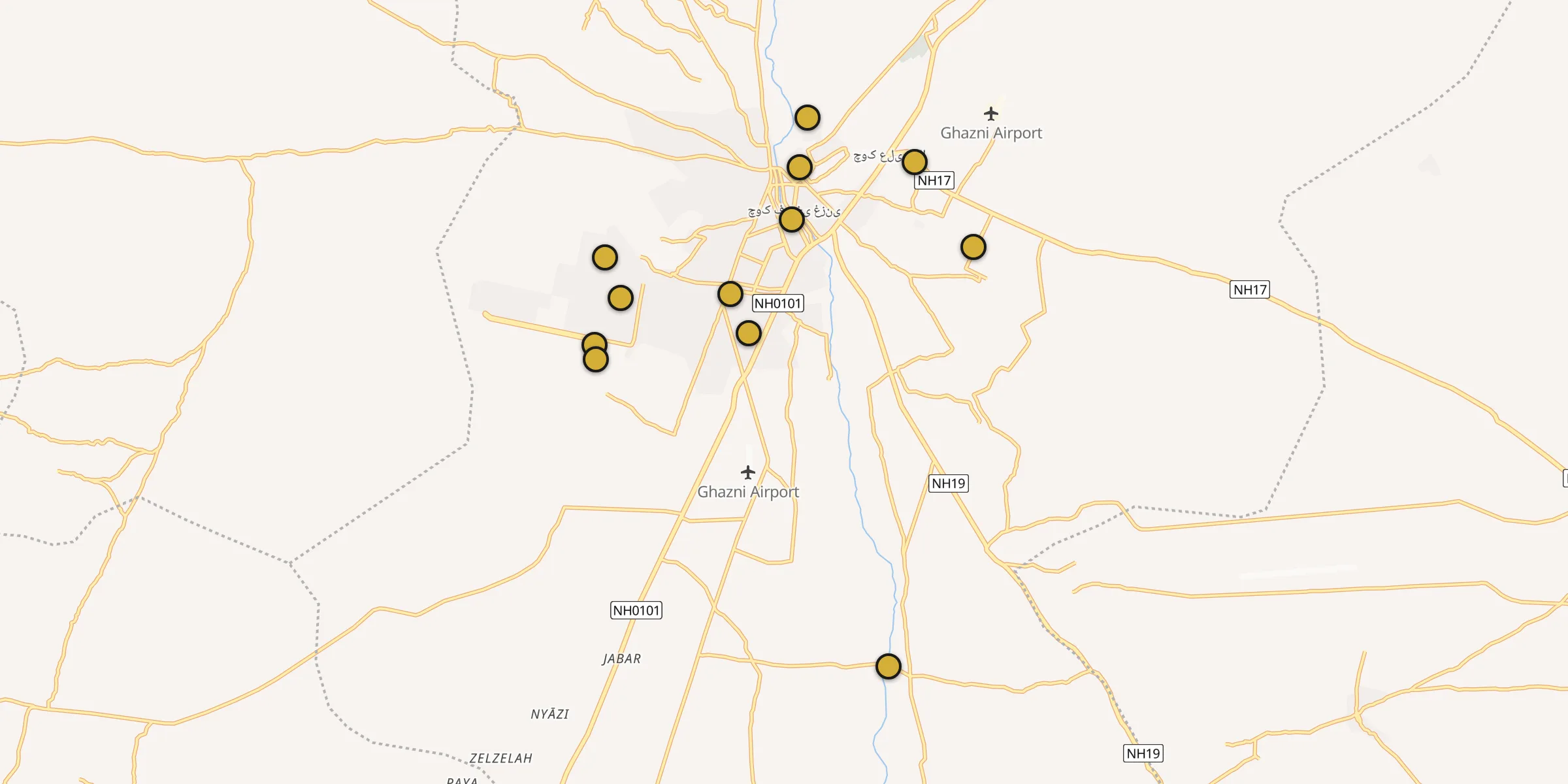 Plan des mosquées à Ghazni : cliquez sur un point pour voir la fiche