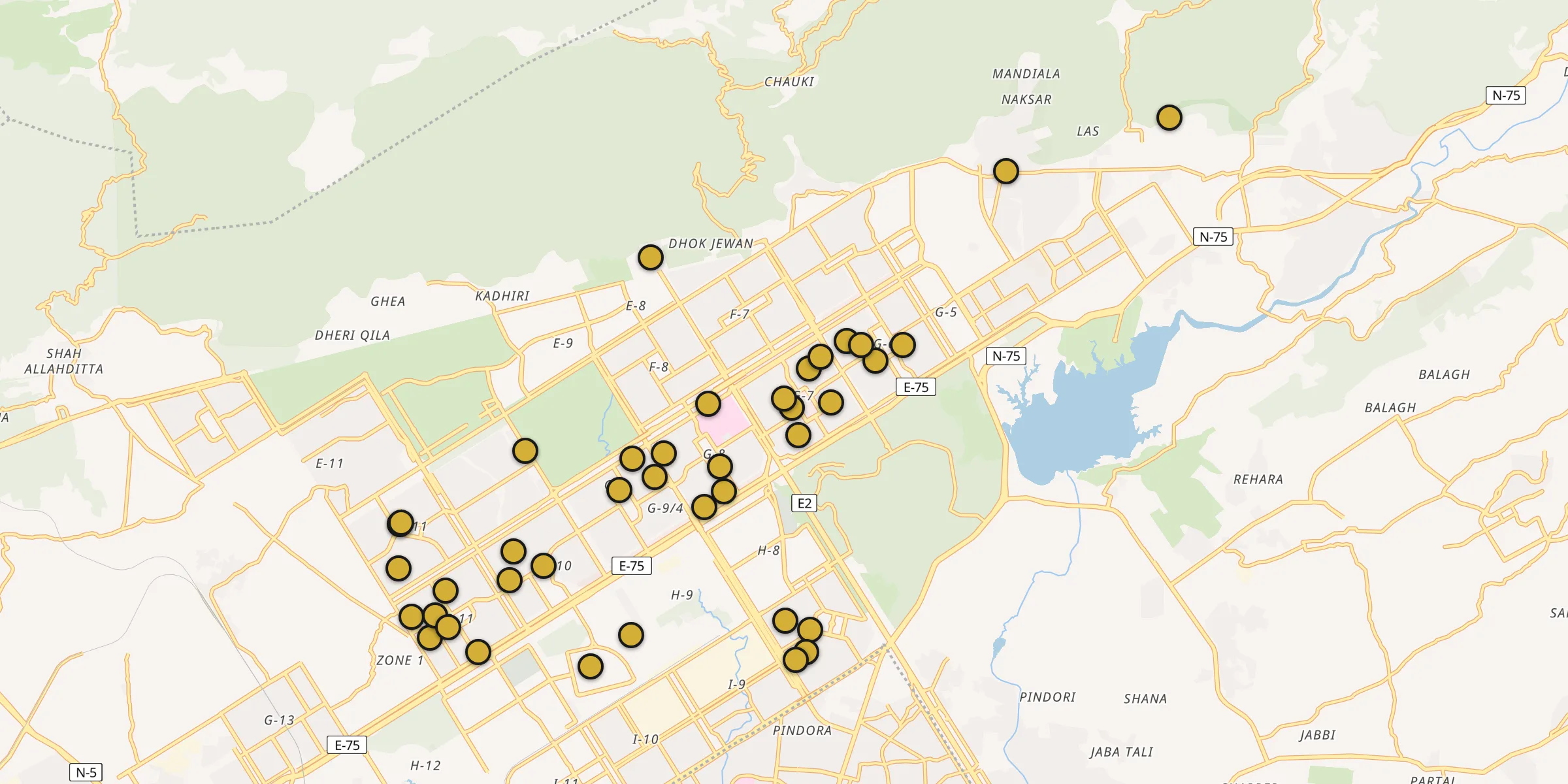 Plan des mosquées à Islamabad : cliquez sur un point pour voir la fiche