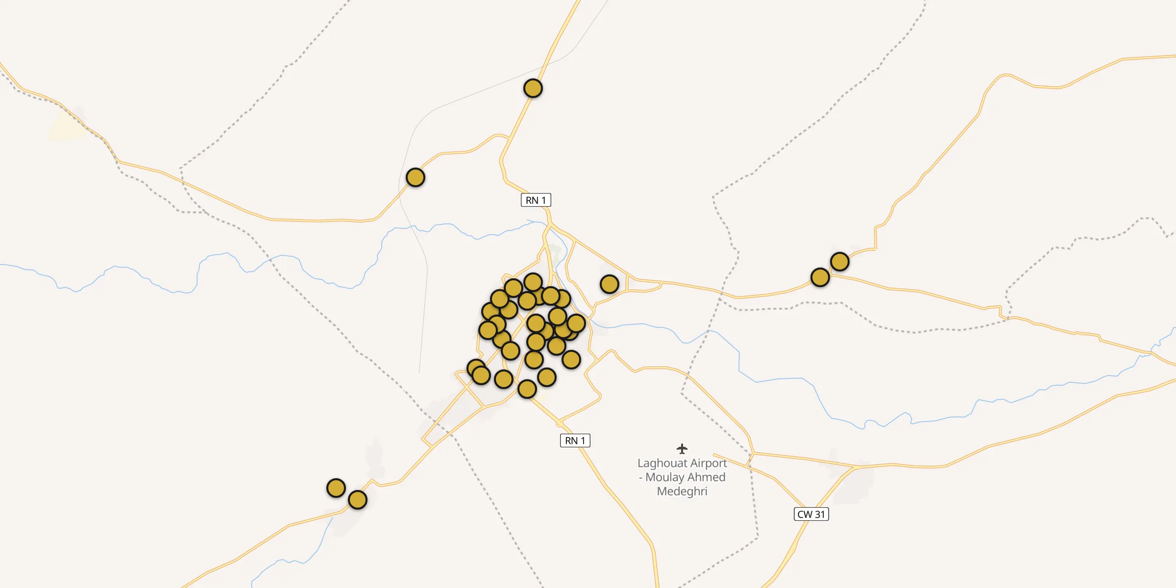 Plan des mosquées à Laghouat : cliquez sur un point pour voir la fiche