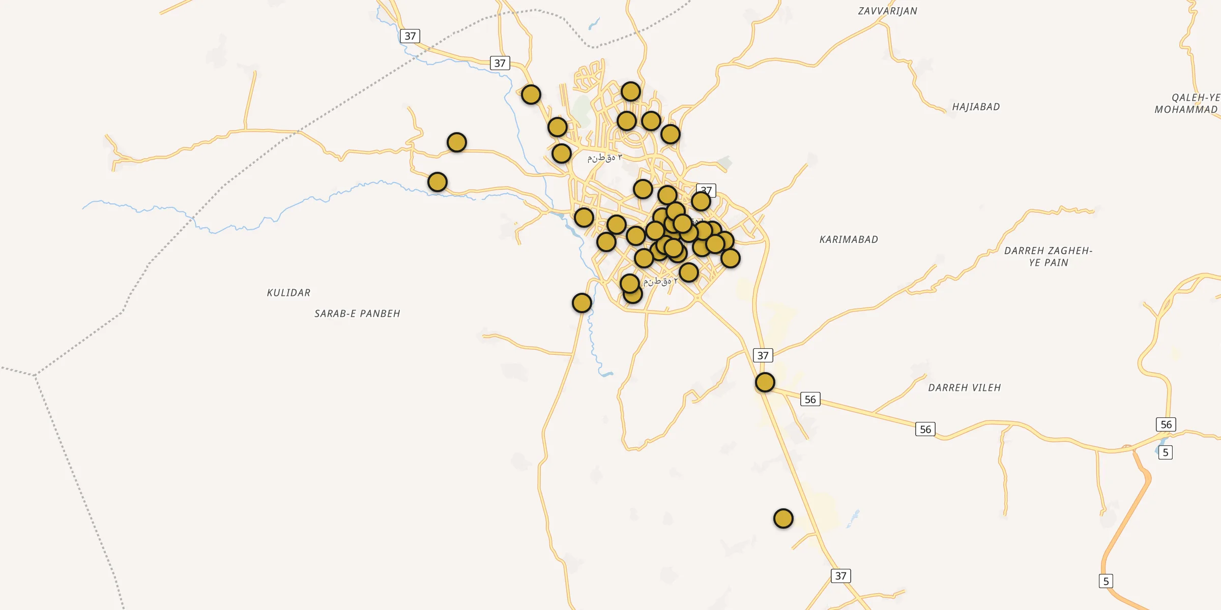 Plan des mosquées à Boroudjerd : cliquez sur un point pour voir la fiche