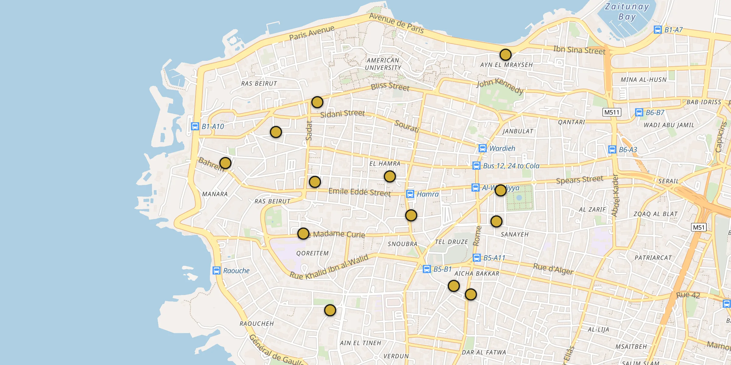 Carte des mosquées à Ra’s Bayrūt