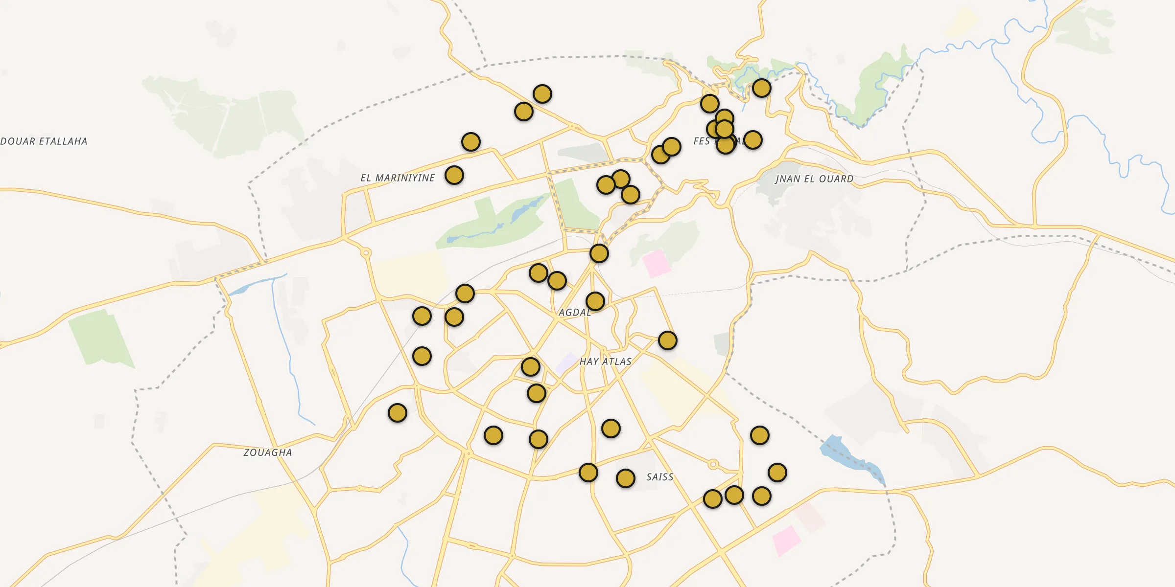 Plan des mosquées à Fès al Bali : cliquez sur un point pour voir la fiche