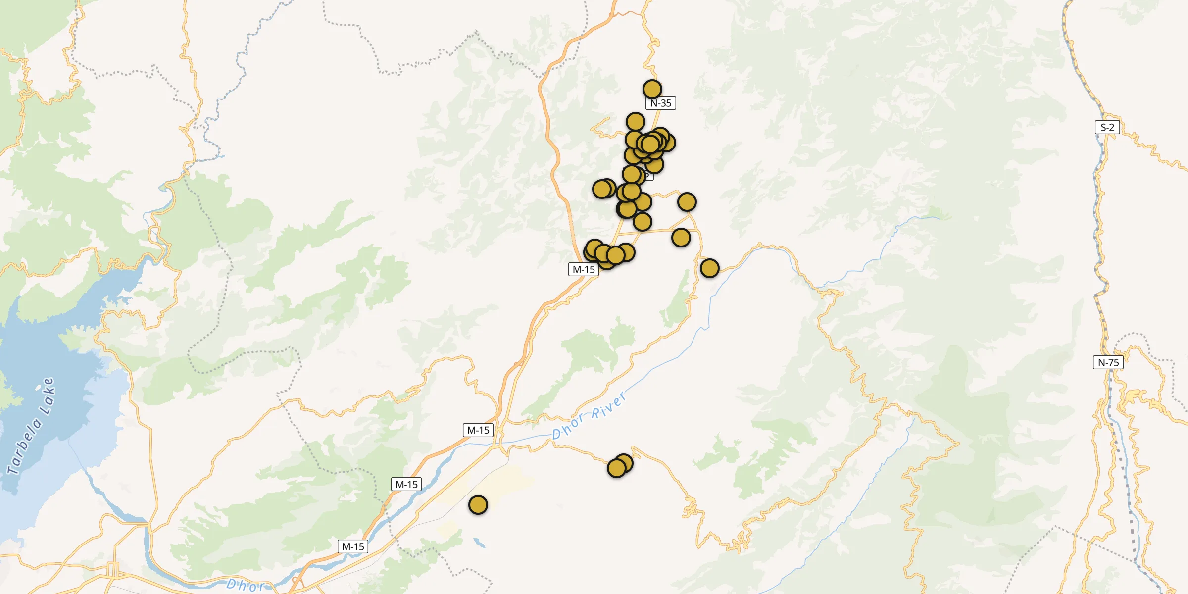 Plan des mosquées à Abbottabad : cliquez sur un point pour voir la fiche