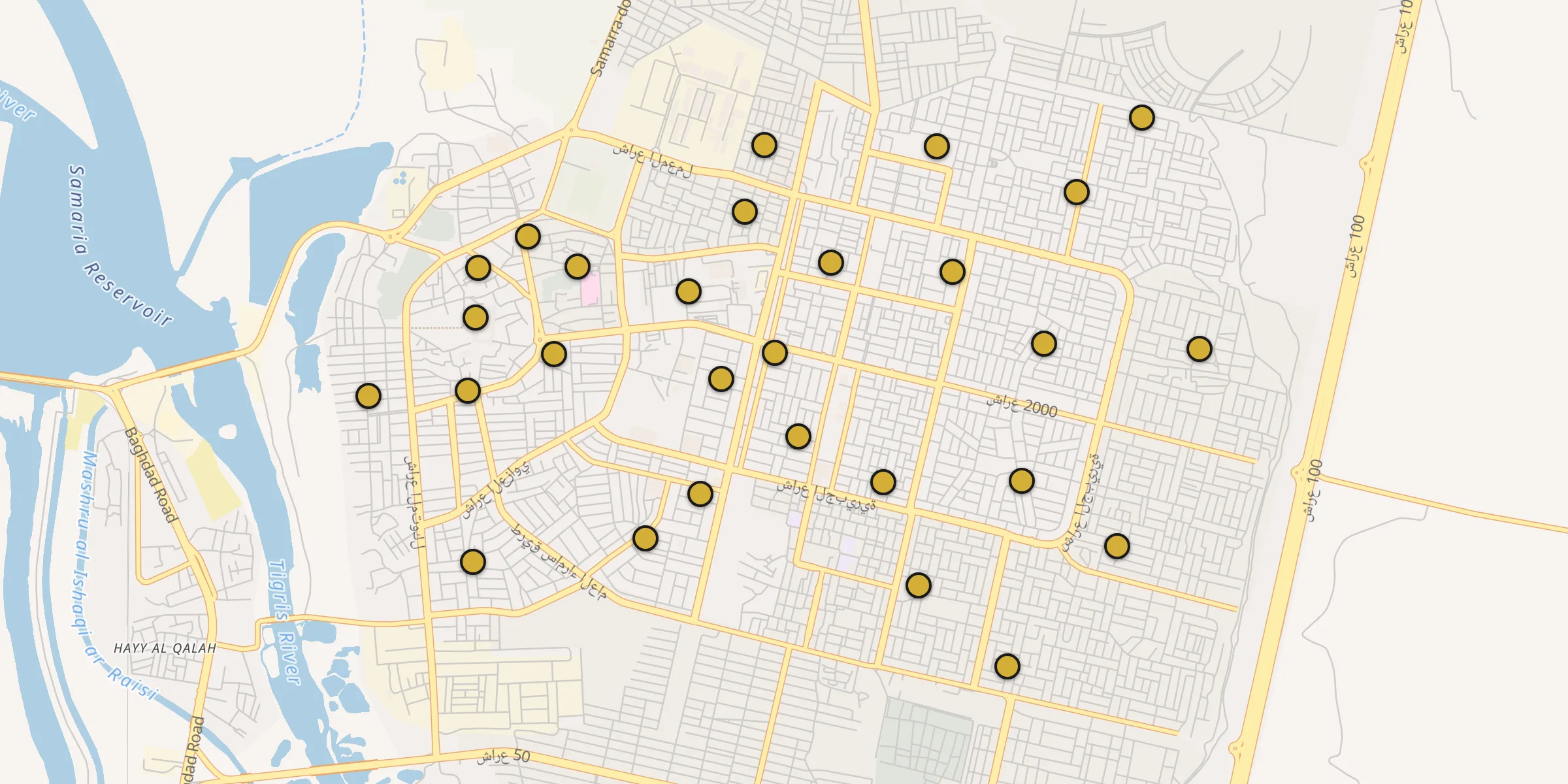 Plan des mosquées à Sāmarrā’ : cliquez sur un point pour voir la fiche