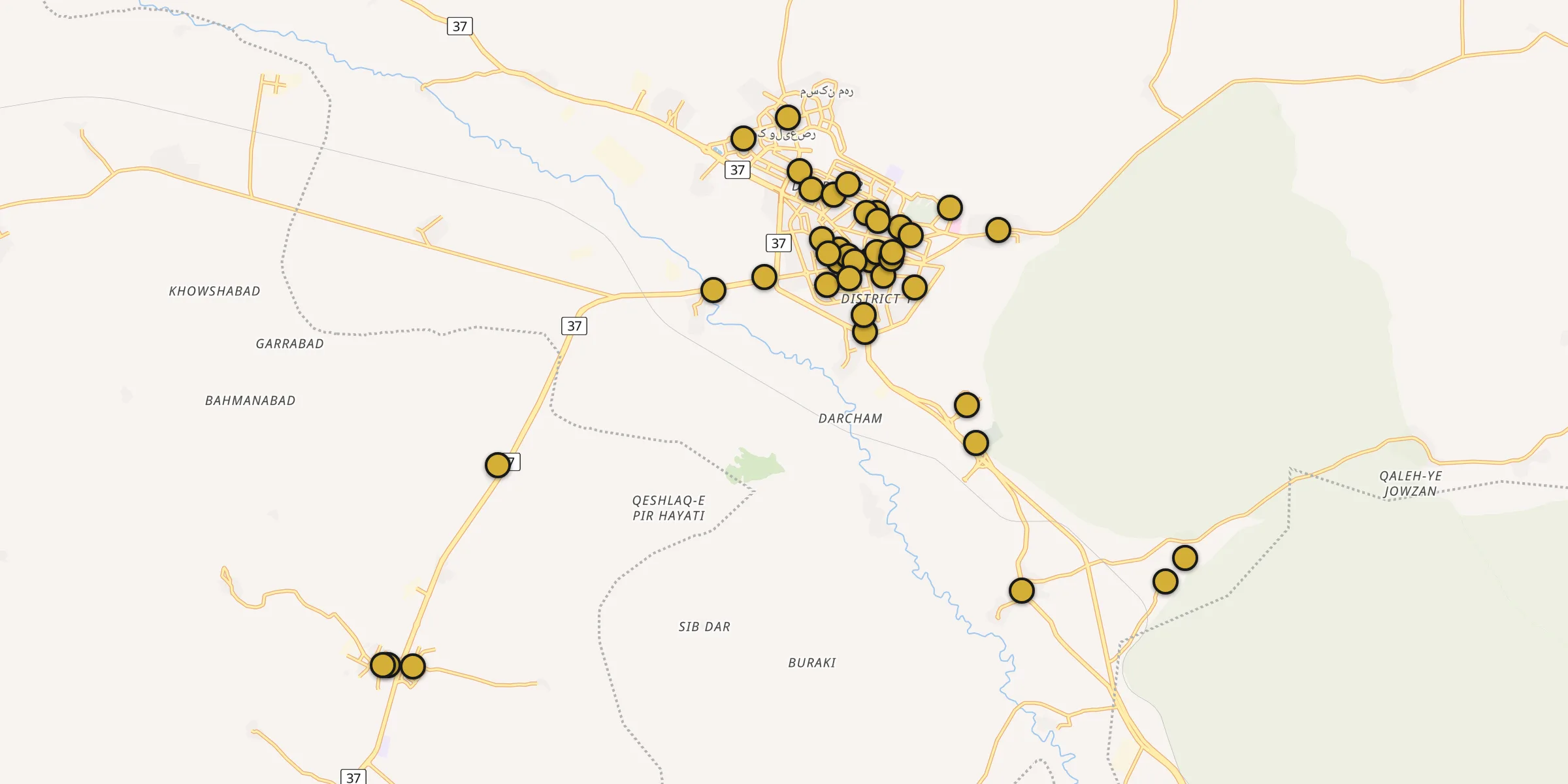 Plan des mosquées à Malayer : cliquez sur un point pour voir la fiche