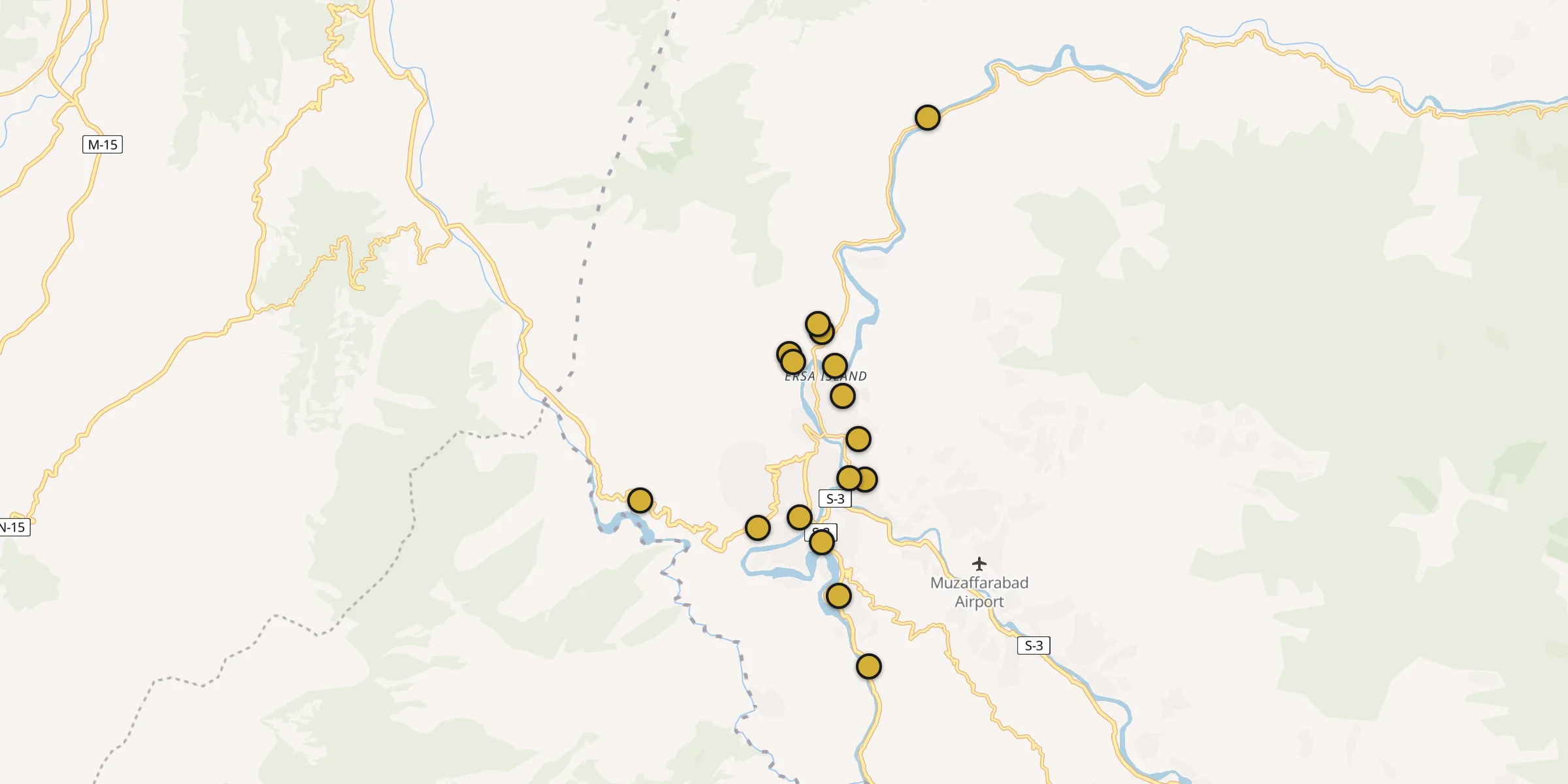 Plan des mosquées à Muzaffarabad : cliquez sur un point pour voir la fiche
