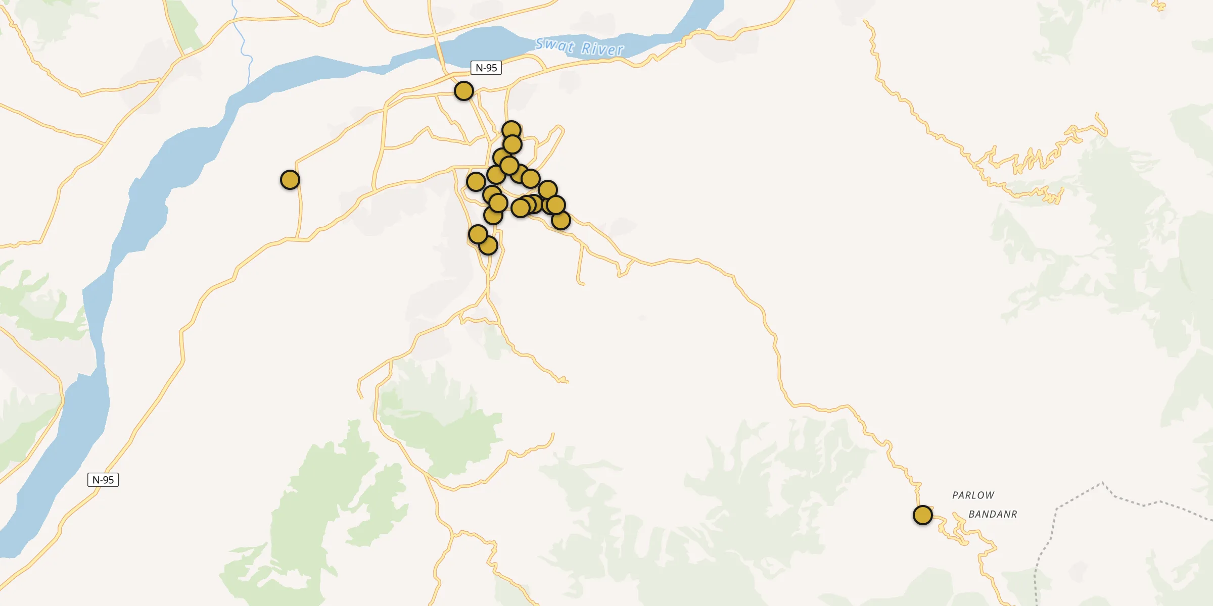 Plan des mosquées à Mingora : cliquez sur un point pour voir la fiche