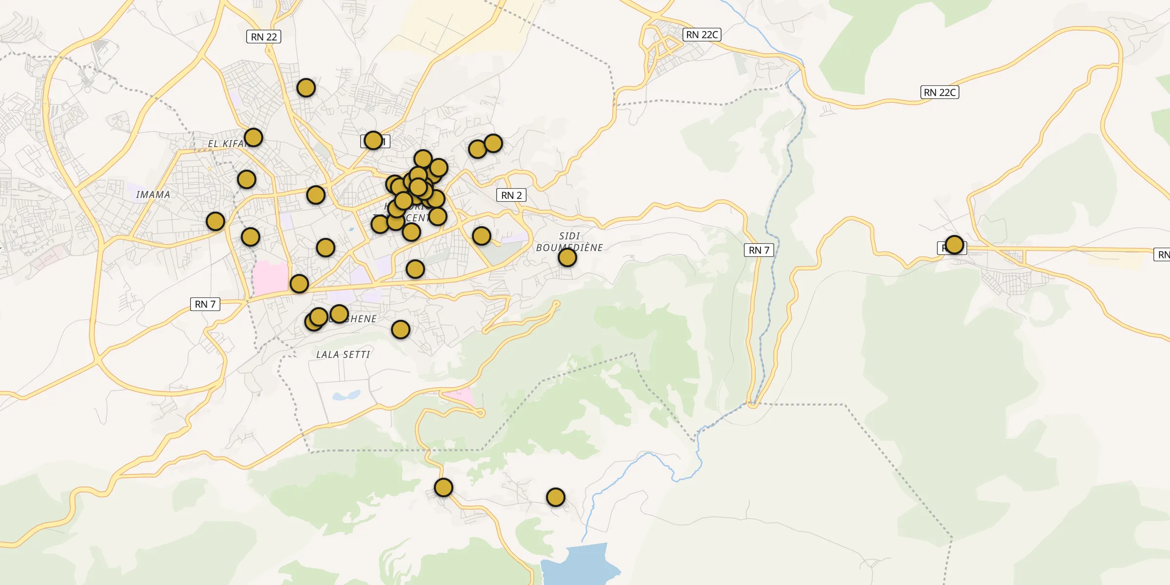 Plan des mosquées à Tlemcen : cliquez sur un point pour voir la fiche