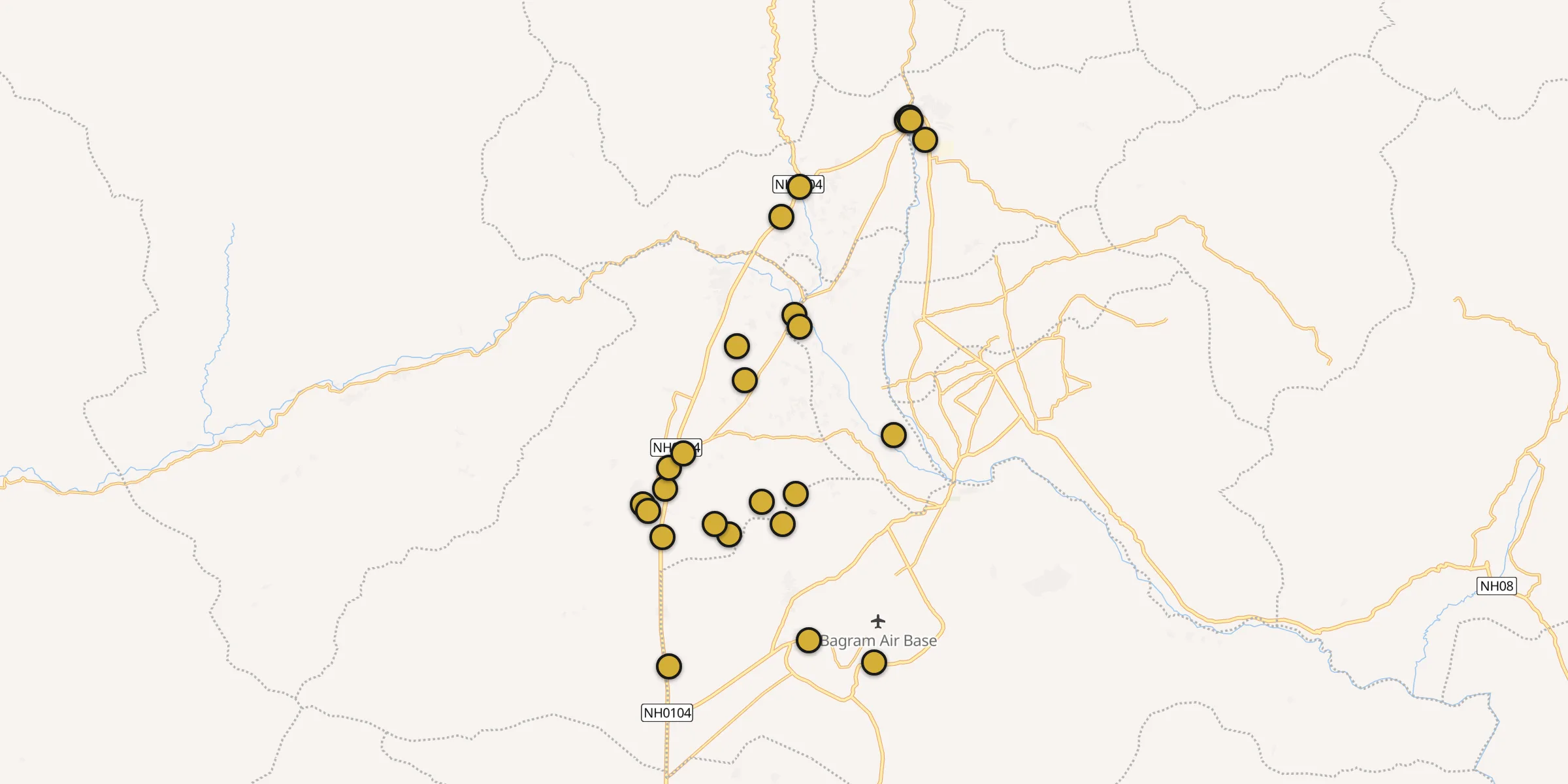 Plan des mosquées à Charikar : cliquez sur un point pour voir la fiche