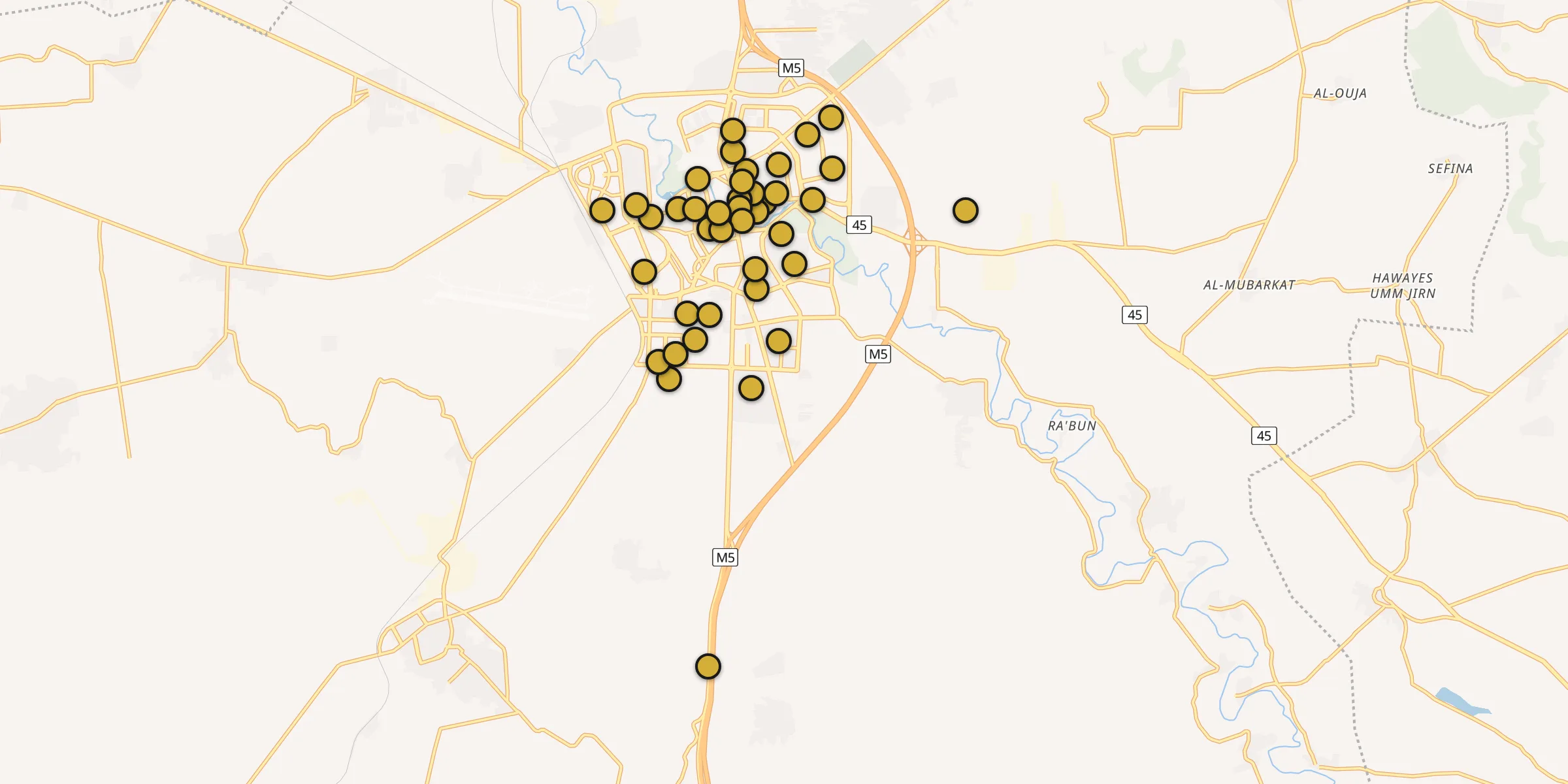 Plan des mosquées à Hama : cliquez sur un point pour voir la fiche