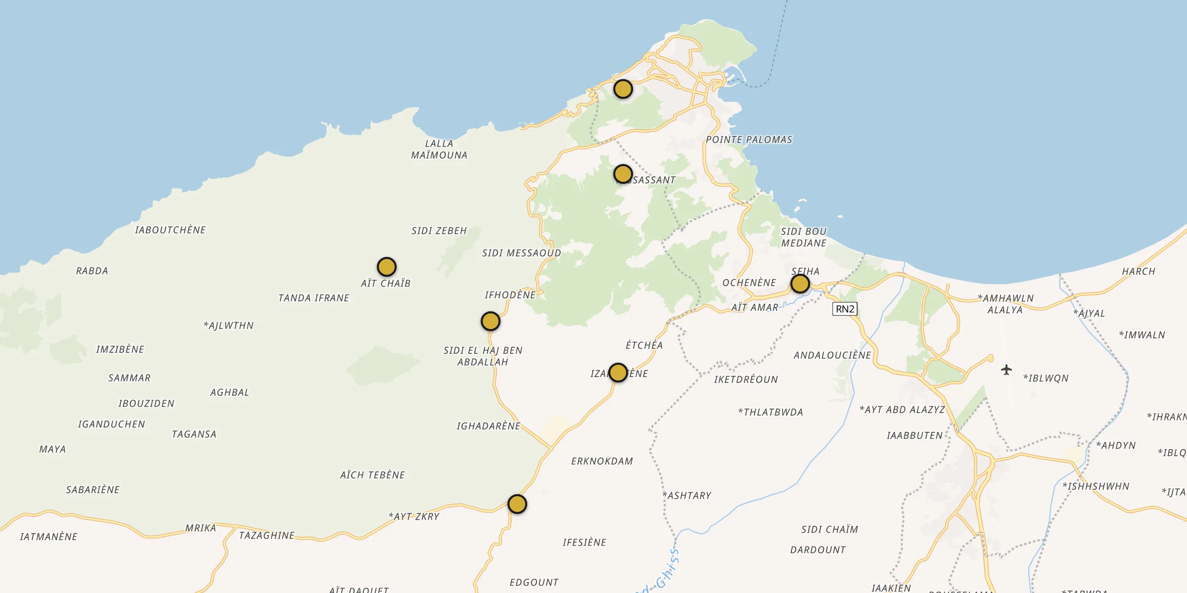 Plan des mosquées à Tirhanimîne : cliquez sur un point pour voir la fiche