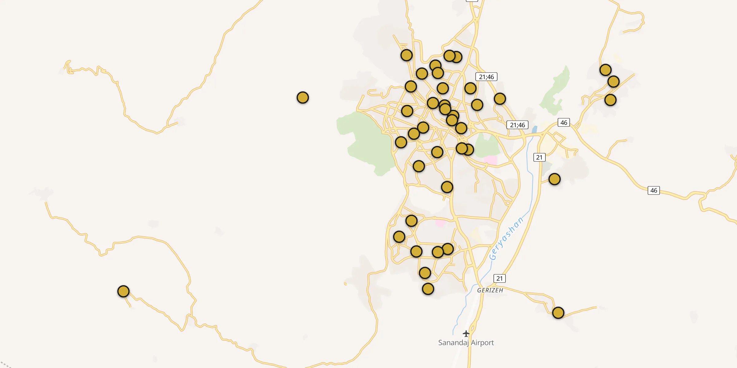 Plan des mosquées à Sanandaj : cliquez sur un point pour voir la fiche