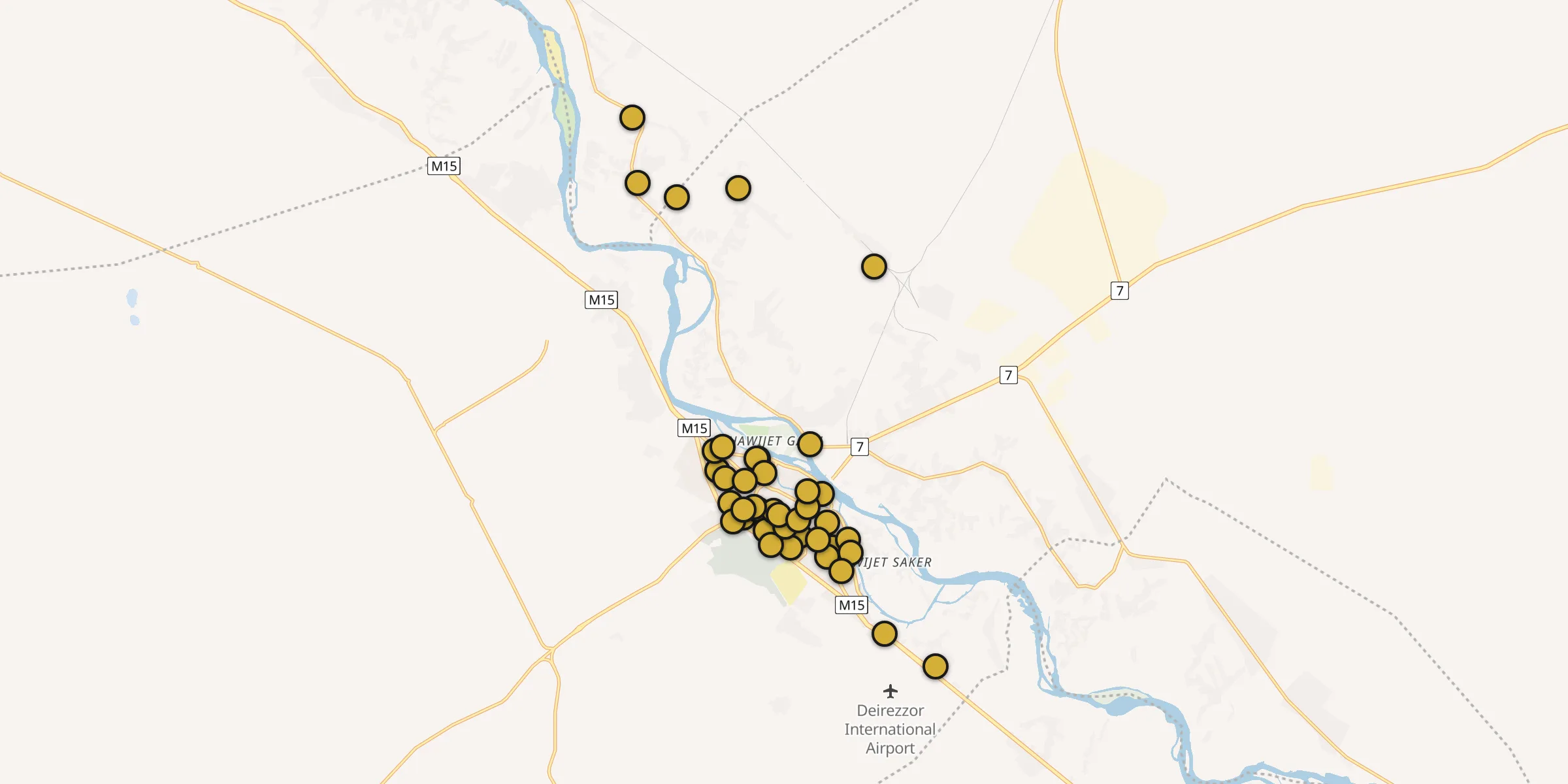 Plan des mosquées à Deir ez-Zor : cliquez sur un point pour voir la fiche