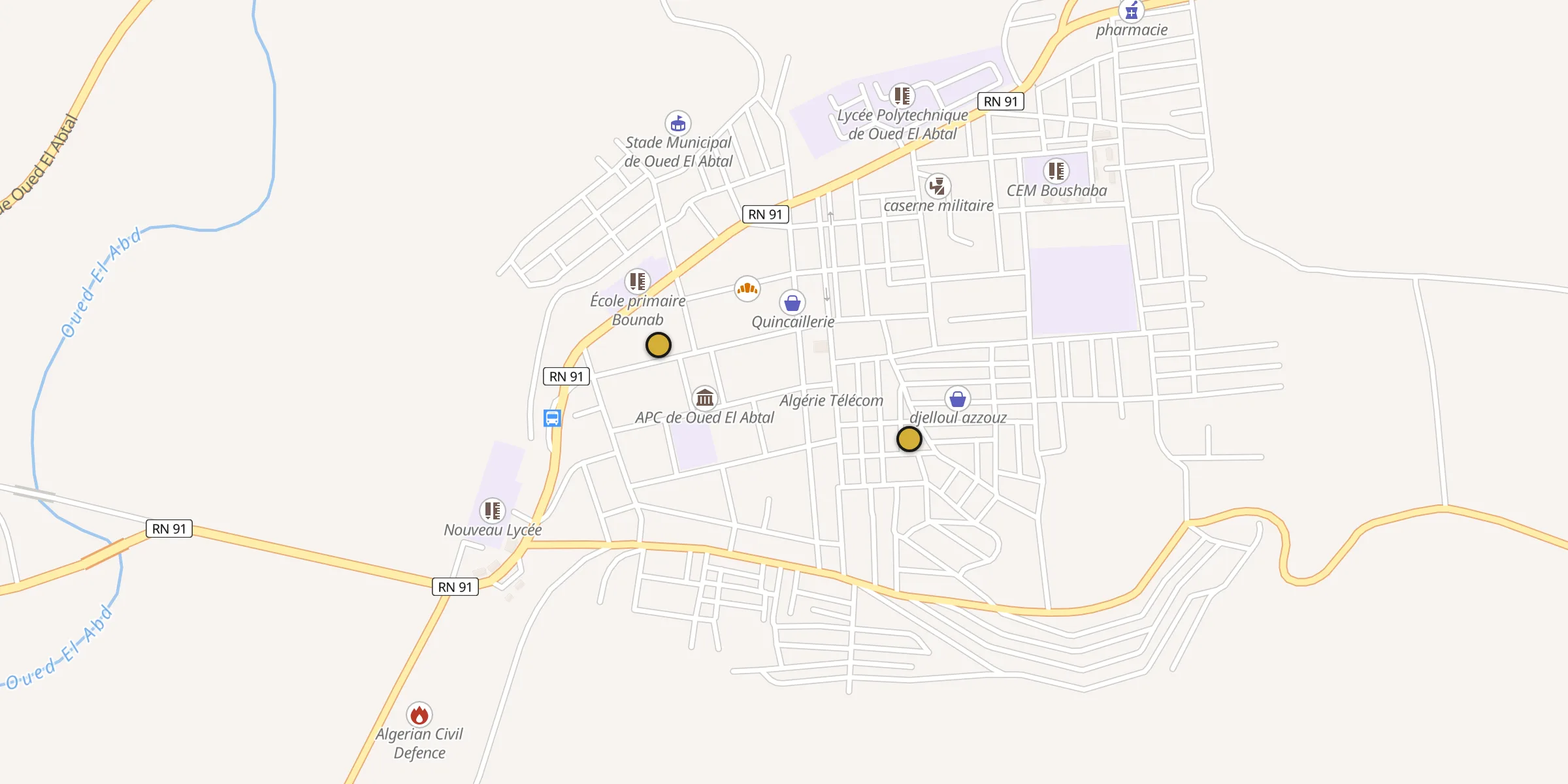 Plan des mosquées à Oued el Abtal : cliquez sur un point pour voir la fiche