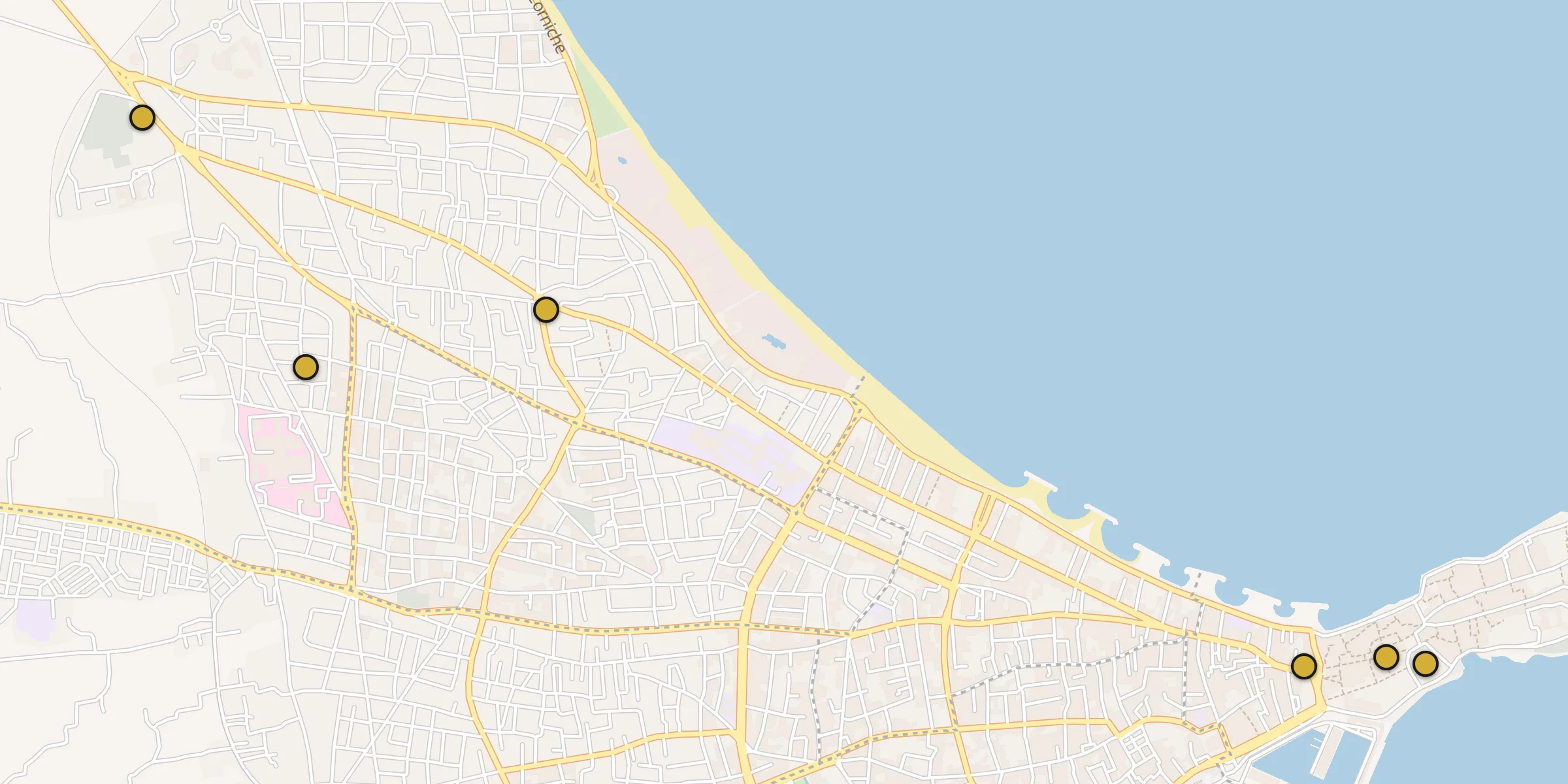 Plan des mosquées à Mahdia : cliquez sur un point pour voir la fiche