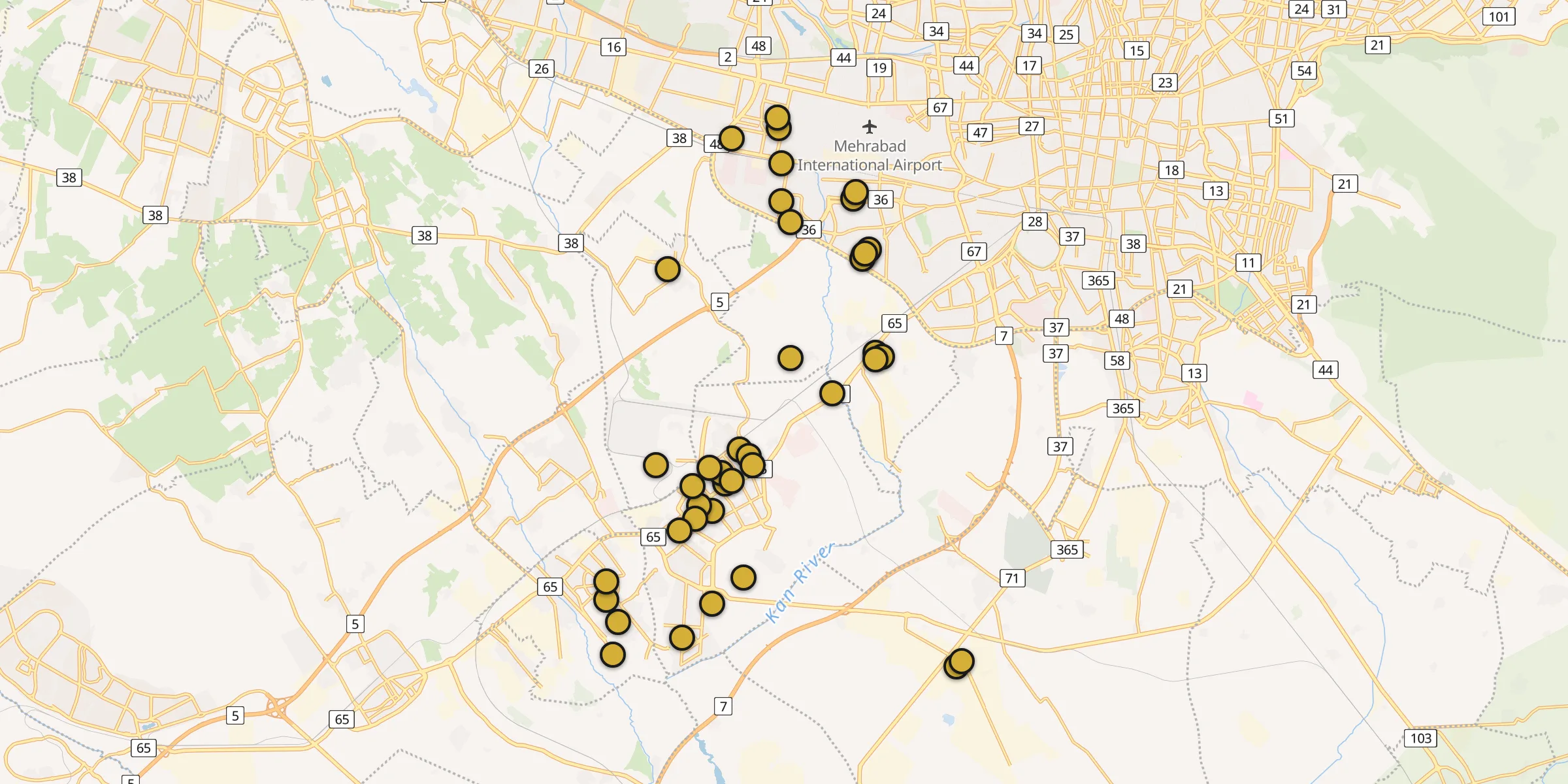 Plan des mosquées à Eslamchahr : cliquez sur un point pour voir la fiche