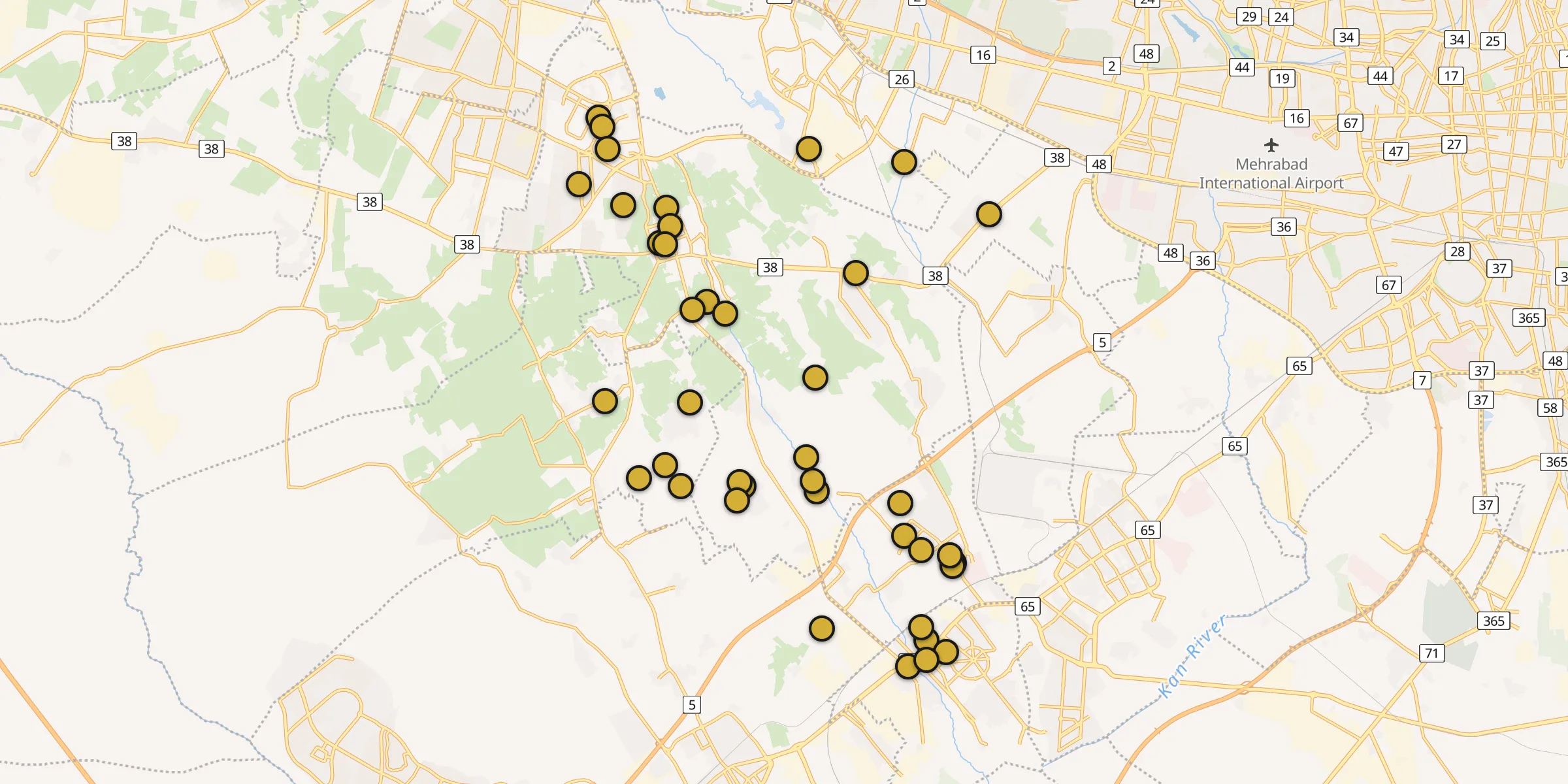 Plan des mosquées à Nasimshahr : cliquez sur un point pour voir la fiche