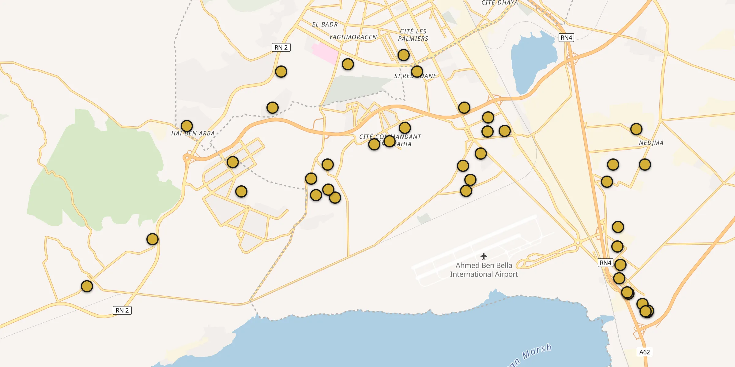 Plan des mosquées à Es Senia : cliquez sur un point pour voir la fiche