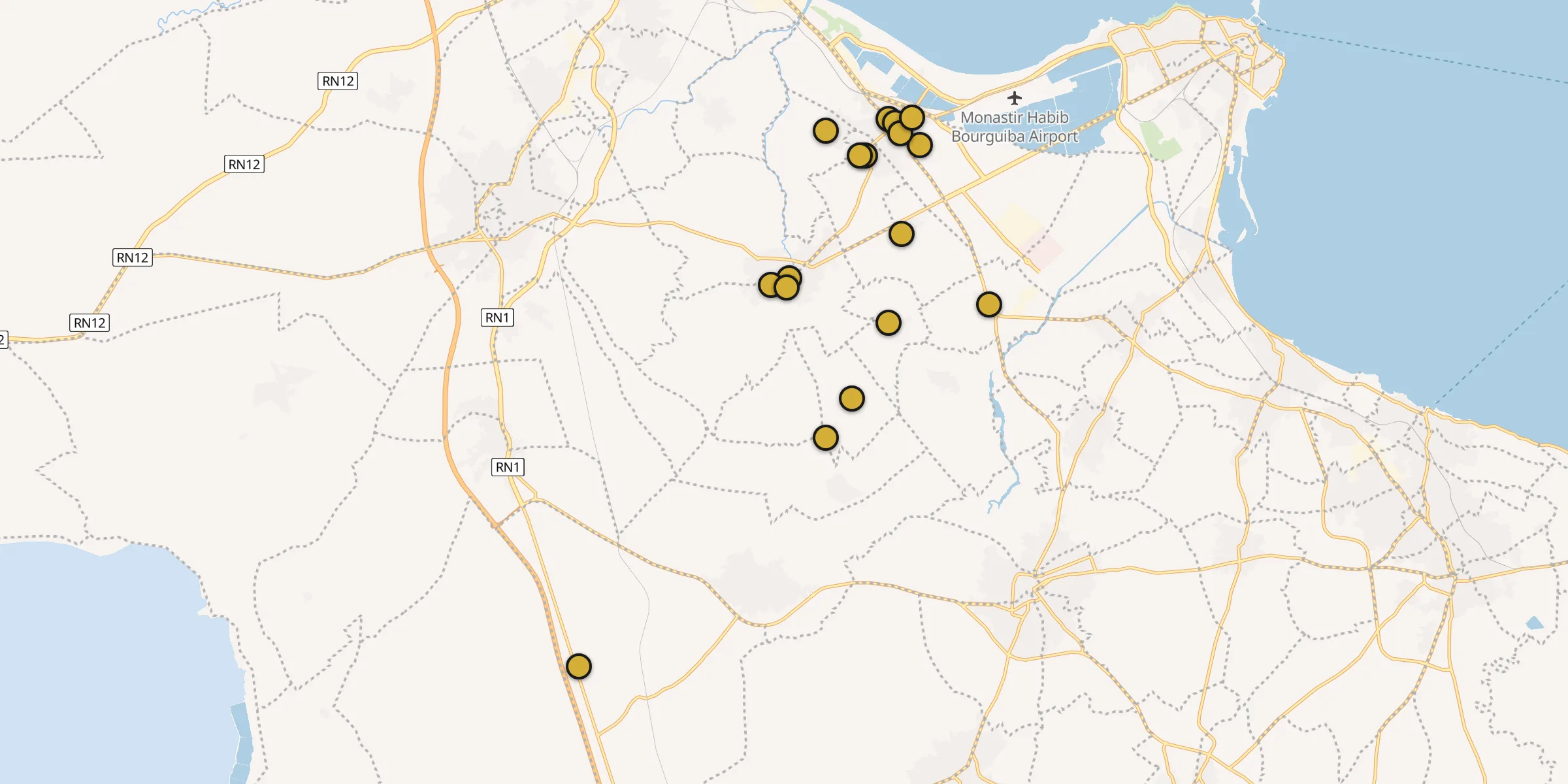 Plan des mosquées à Ouardenine : cliquez sur un point pour voir la fiche