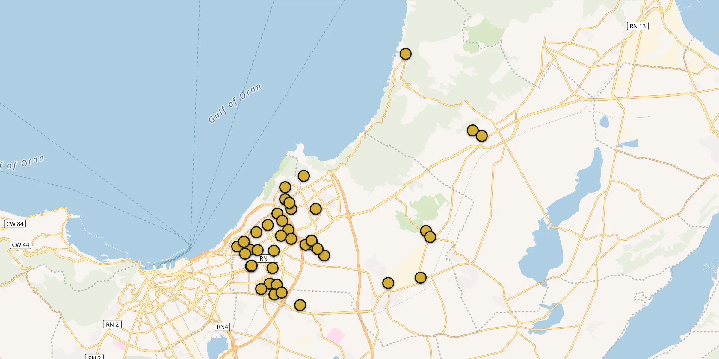 Plan des mosquées à Bir el Djir : cliquez sur un point pour voir la fiche