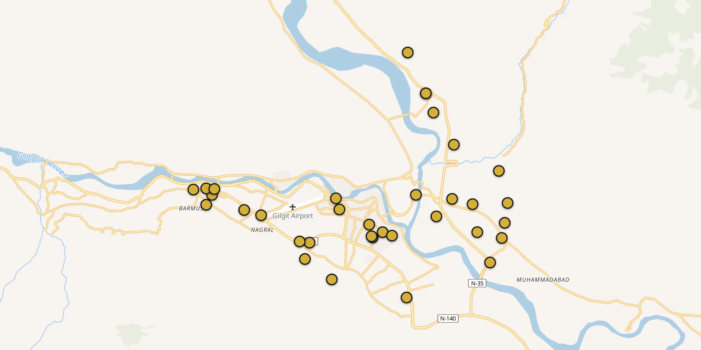 Plan des mosquées à Gilgit : cliquez sur un point pour voir la fiche