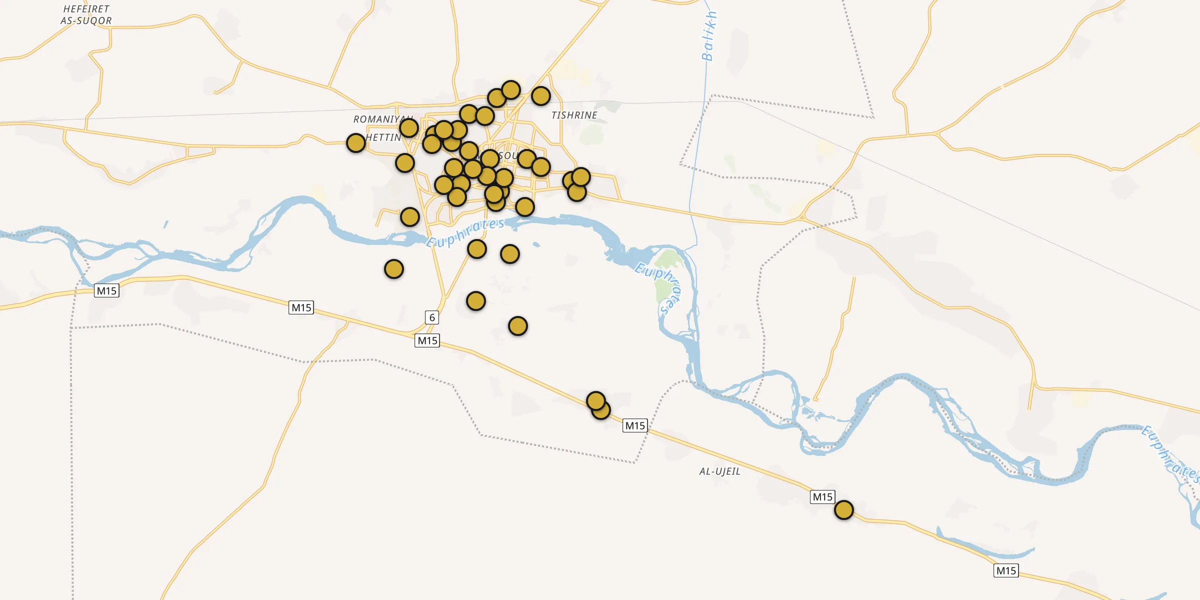 Plan des mosquées à Raqqa : cliquez sur un point pour voir la fiche