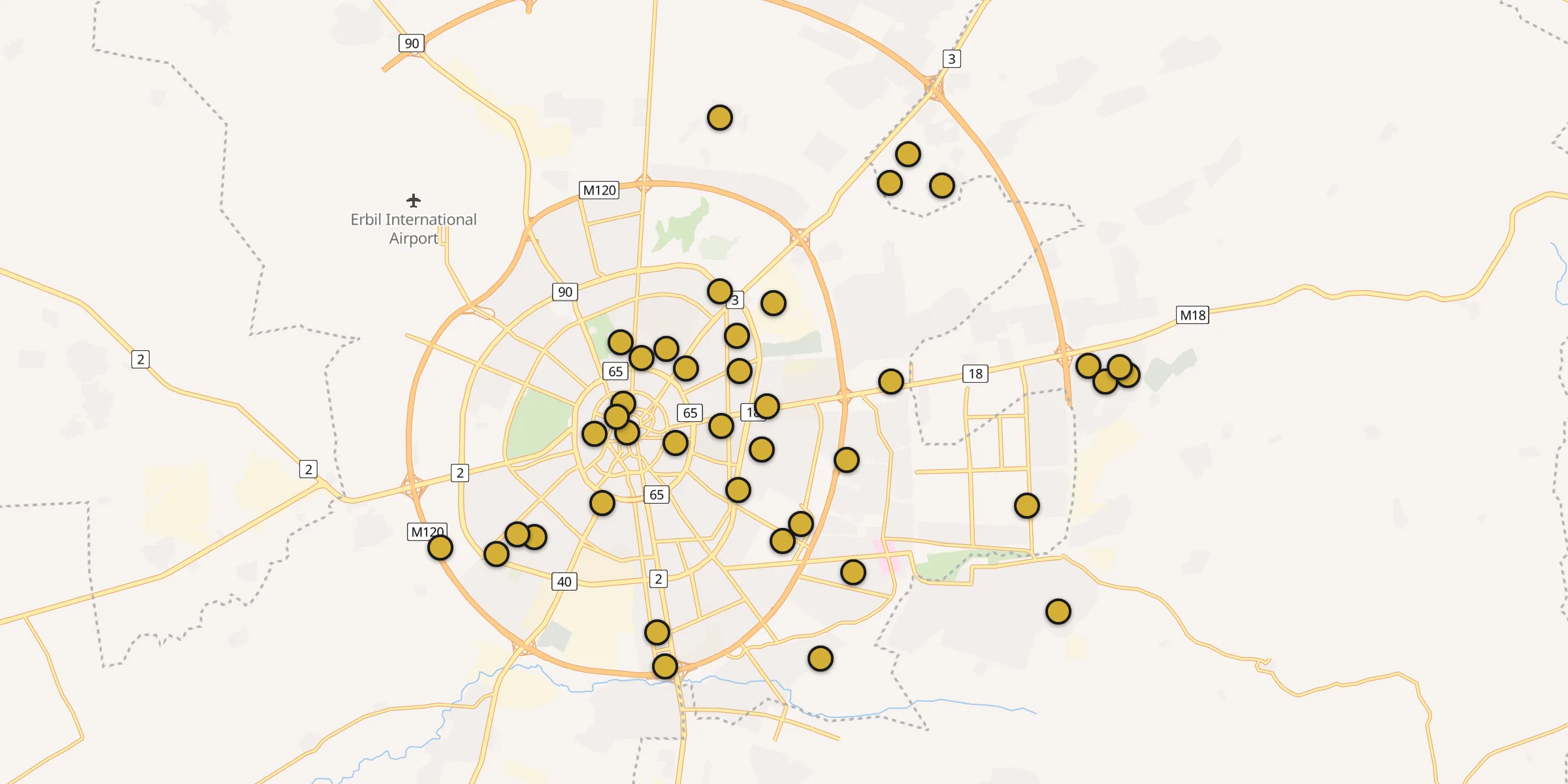 Plan des mosquées à Erbil : cliquez sur un point pour voir la fiche