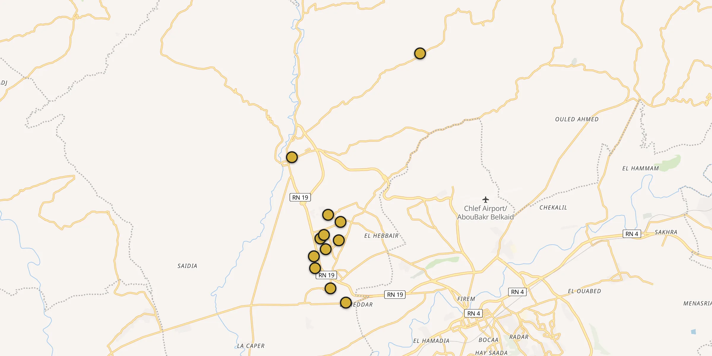 Plan des mosquées à Ech Chettia : cliquez sur un point pour voir la fiche