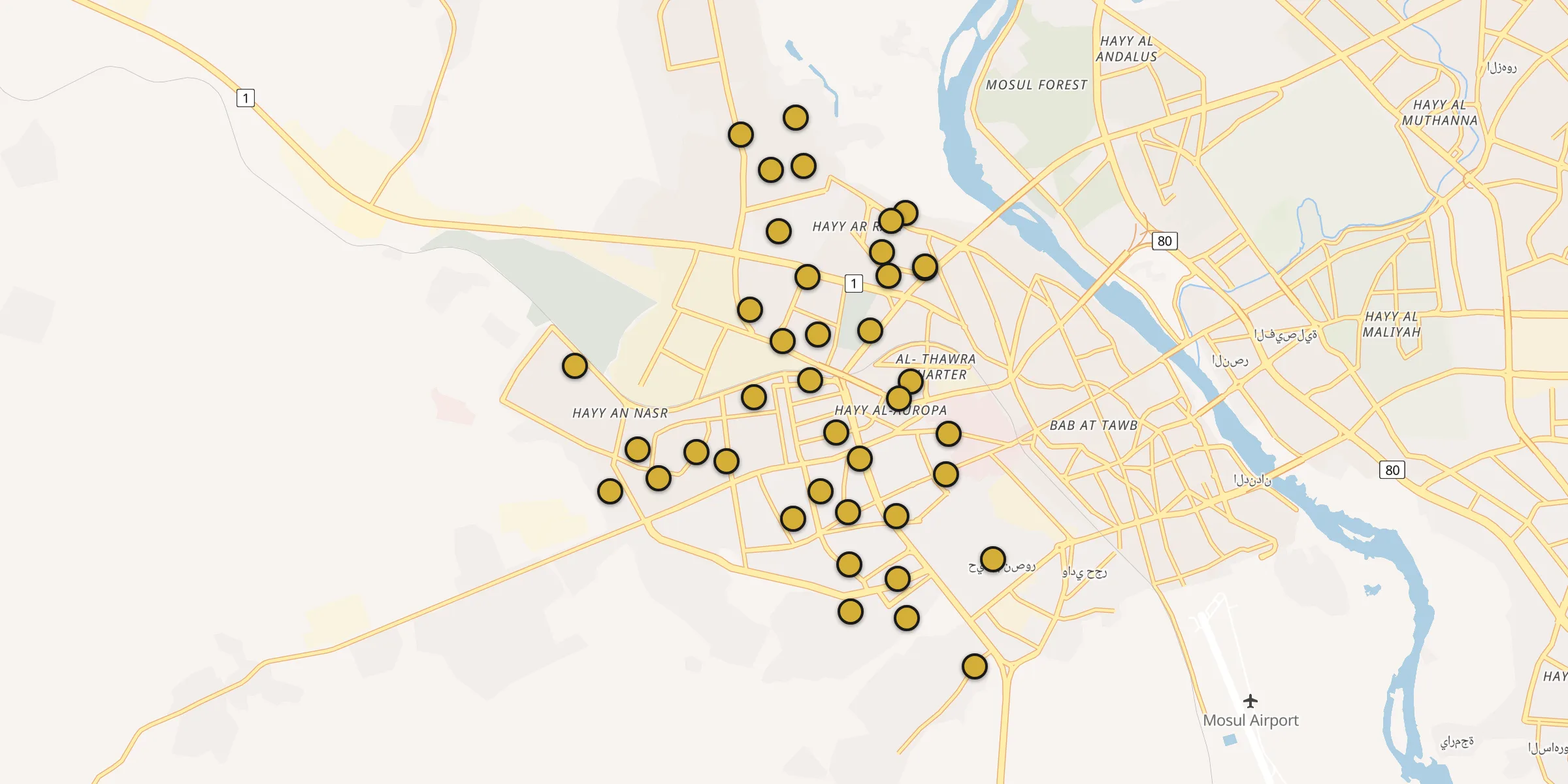 Carte des mosquées à Al Mawşil al Jadīdah
