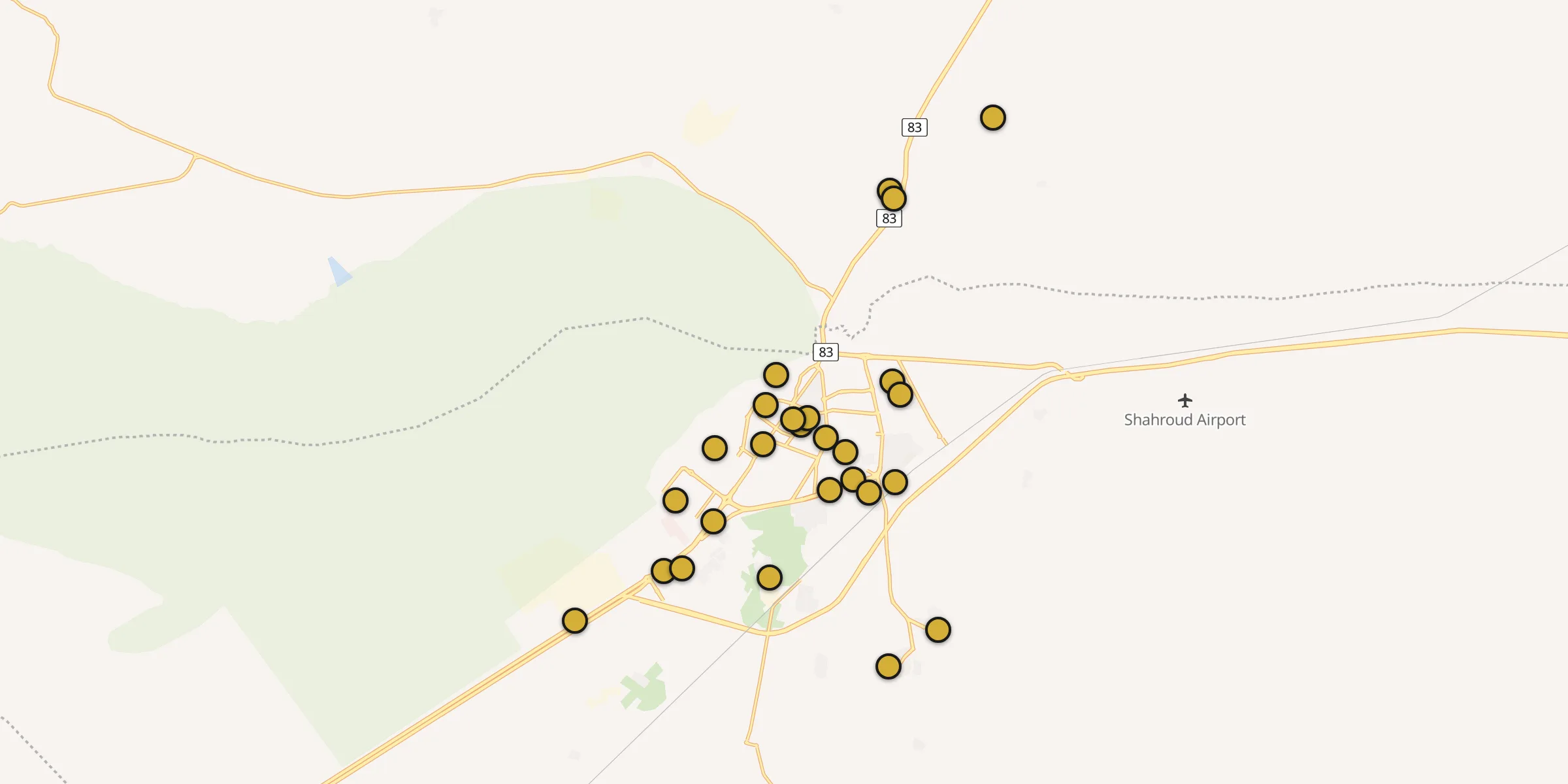 Plan des mosquées à Shahrud : cliquez sur un point pour voir la fiche