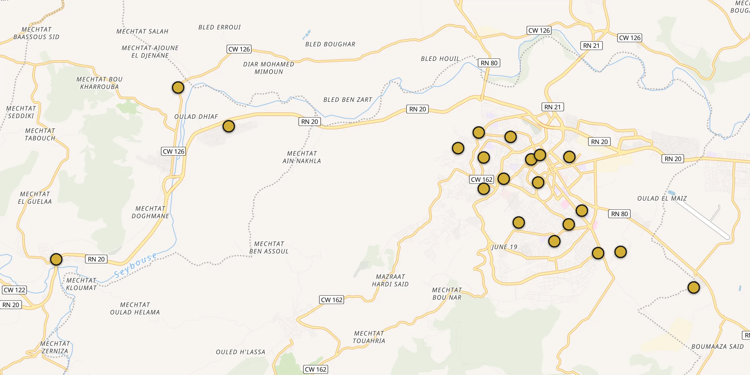 Plan des mosquées à Guelma : cliquez sur un point pour voir la fiche