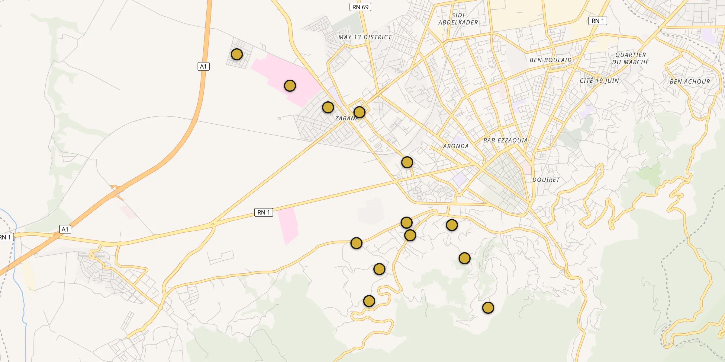 Plan des mosquées à Boû Arfa : cliquez sur un point pour voir la fiche