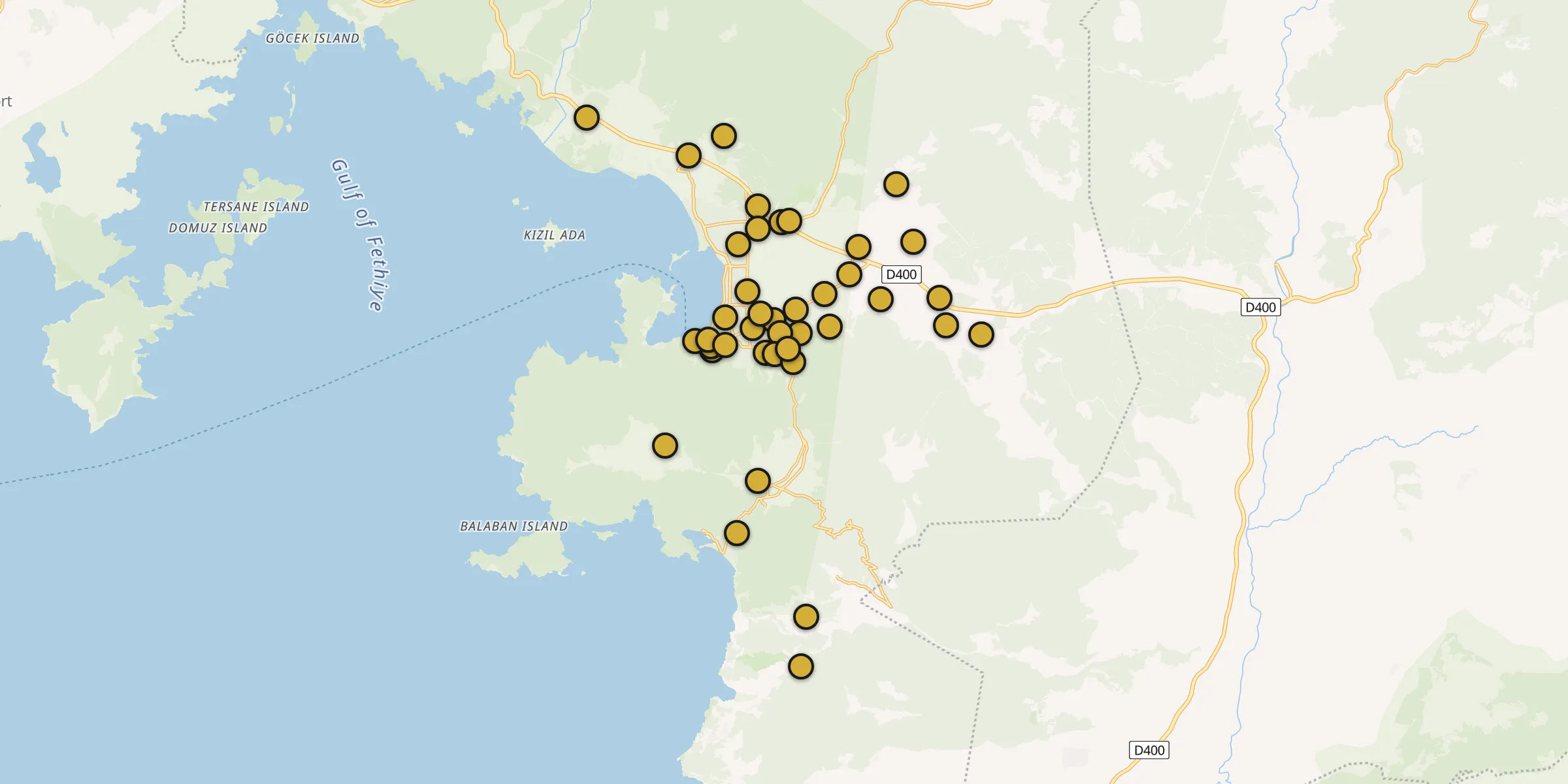 Plan des mosquées à Fethiye : cliquez sur un point pour voir la fiche