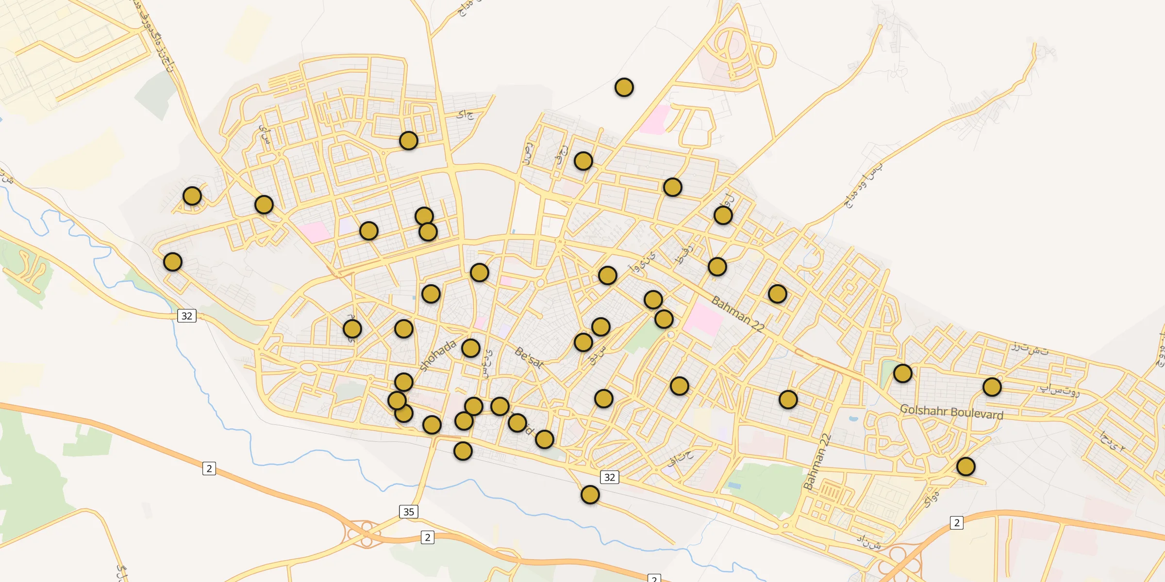 Plan des mosquées à Zandjan : cliquez sur un point pour voir la fiche