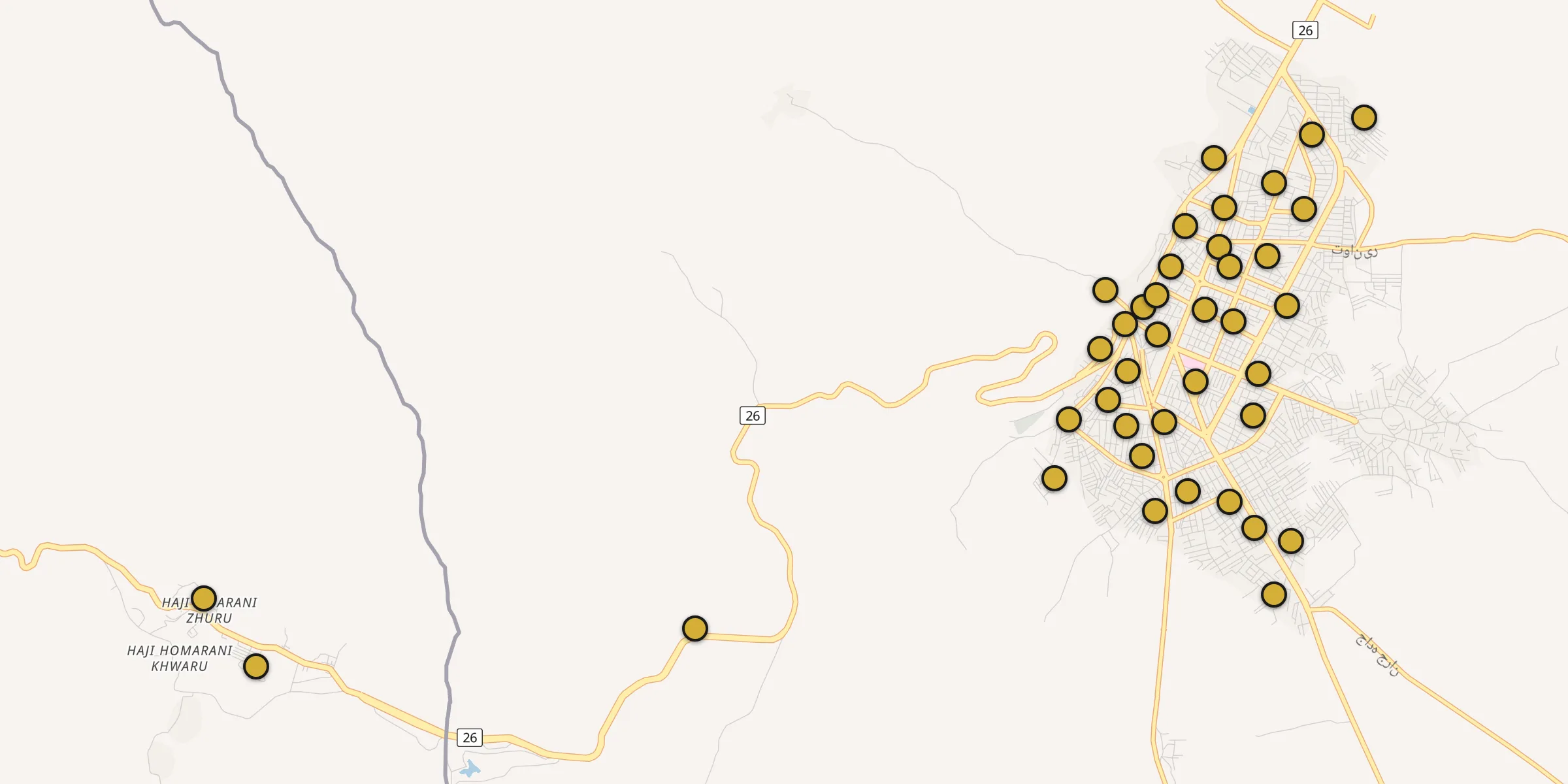 Plan des mosquées à Piranshahr : cliquez sur un point pour voir la fiche