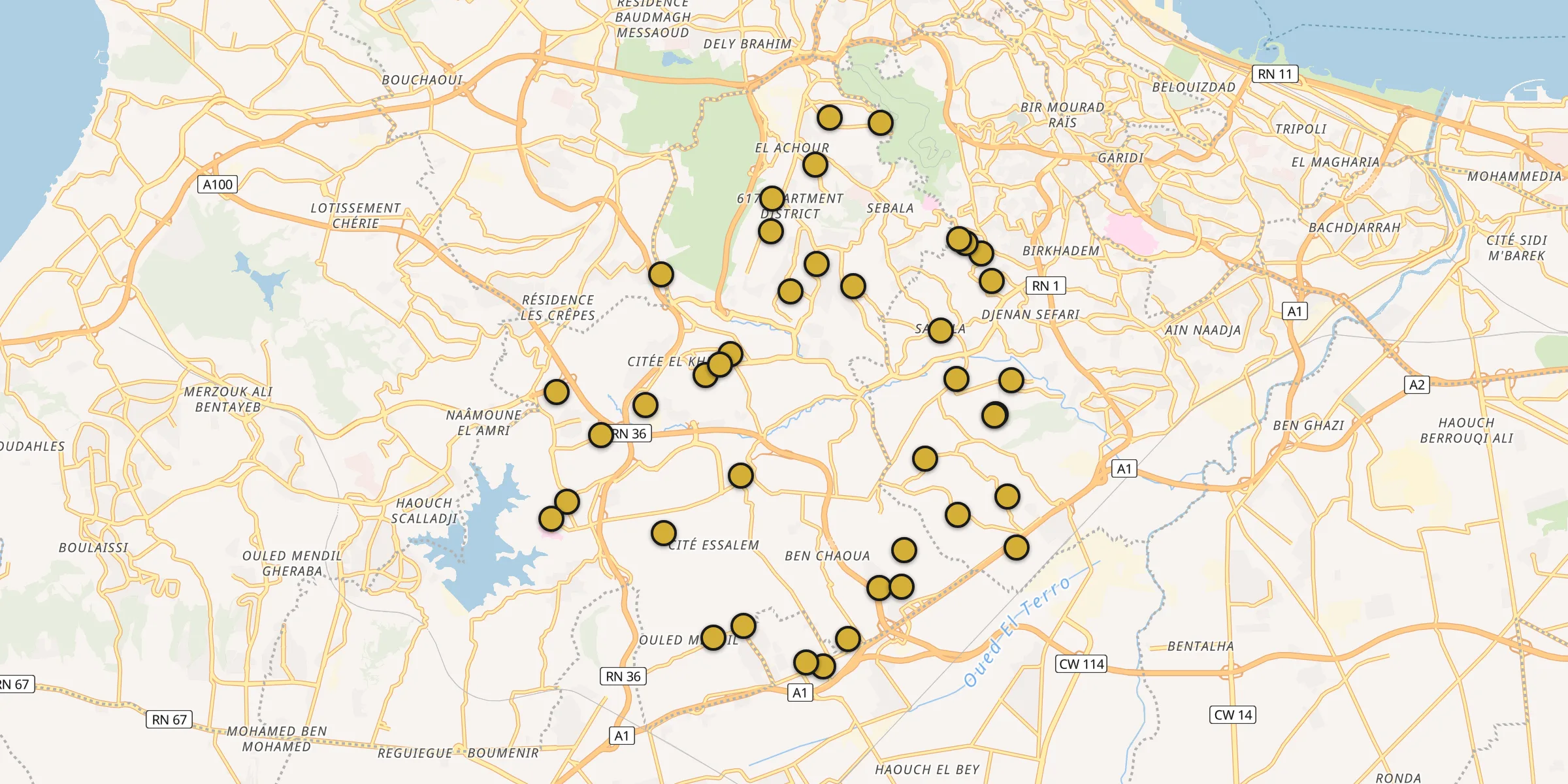 Plan des mosquées à Saoula : cliquez sur un point pour voir la fiche