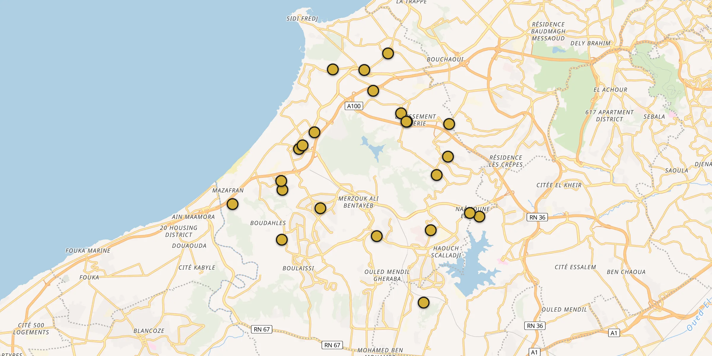 Plan des mosquées à Zeralda : cliquez sur un point pour voir la fiche