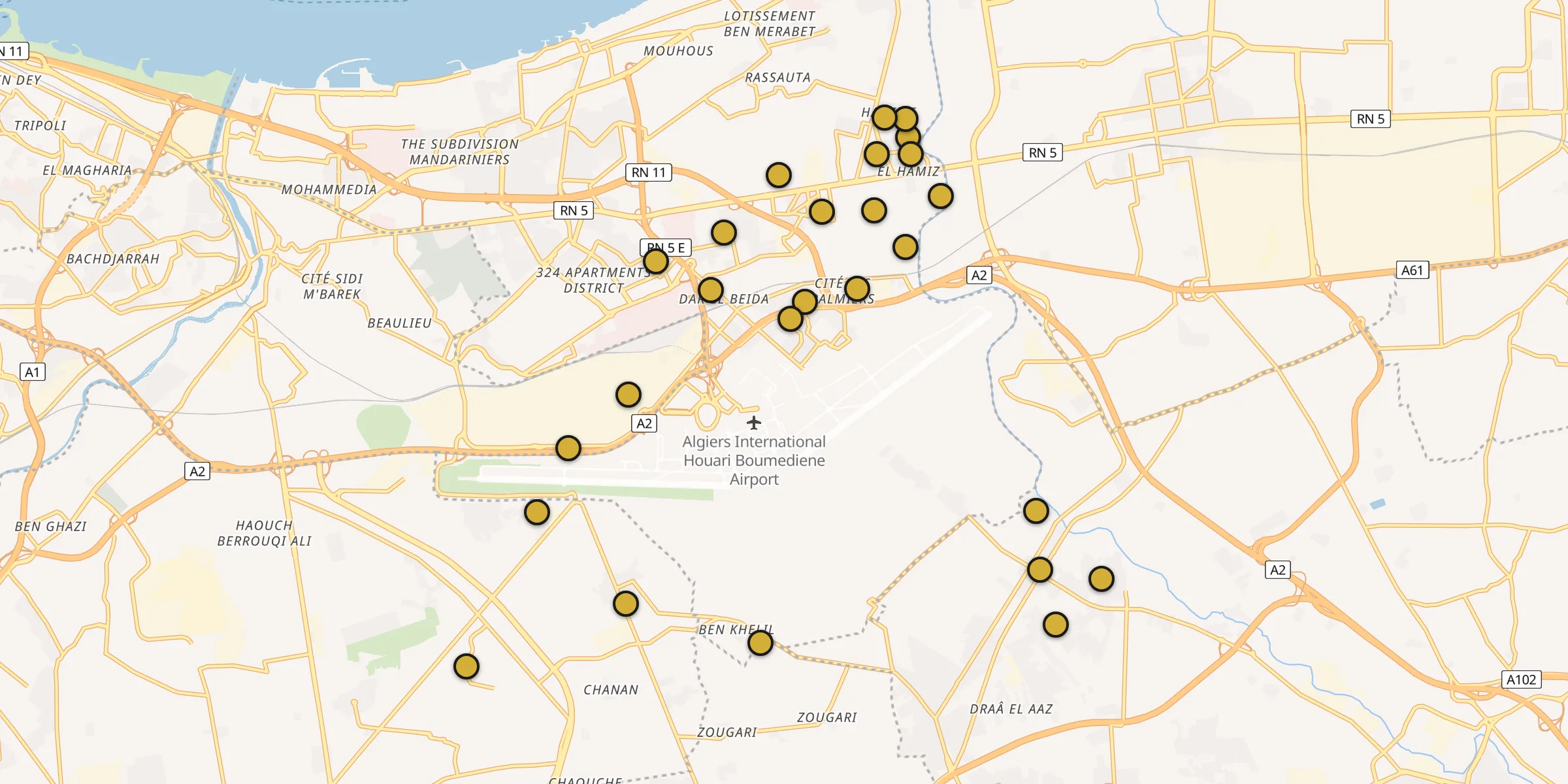 Plan des mosquées à Dar el Beïda : cliquez sur un point pour voir la fiche