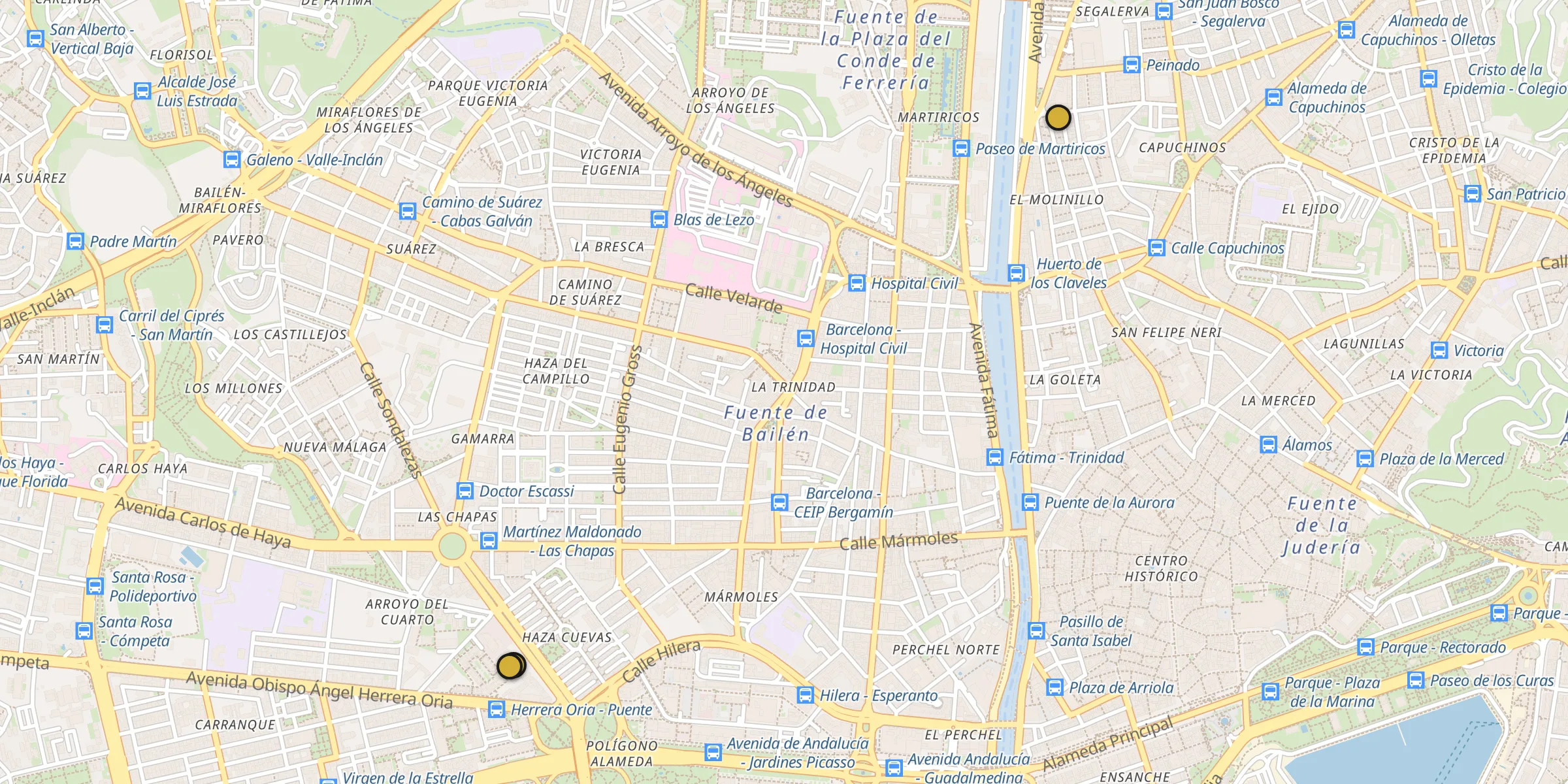 Plan des mosquées à Málaga : cliquez sur un point pour voir la fiche