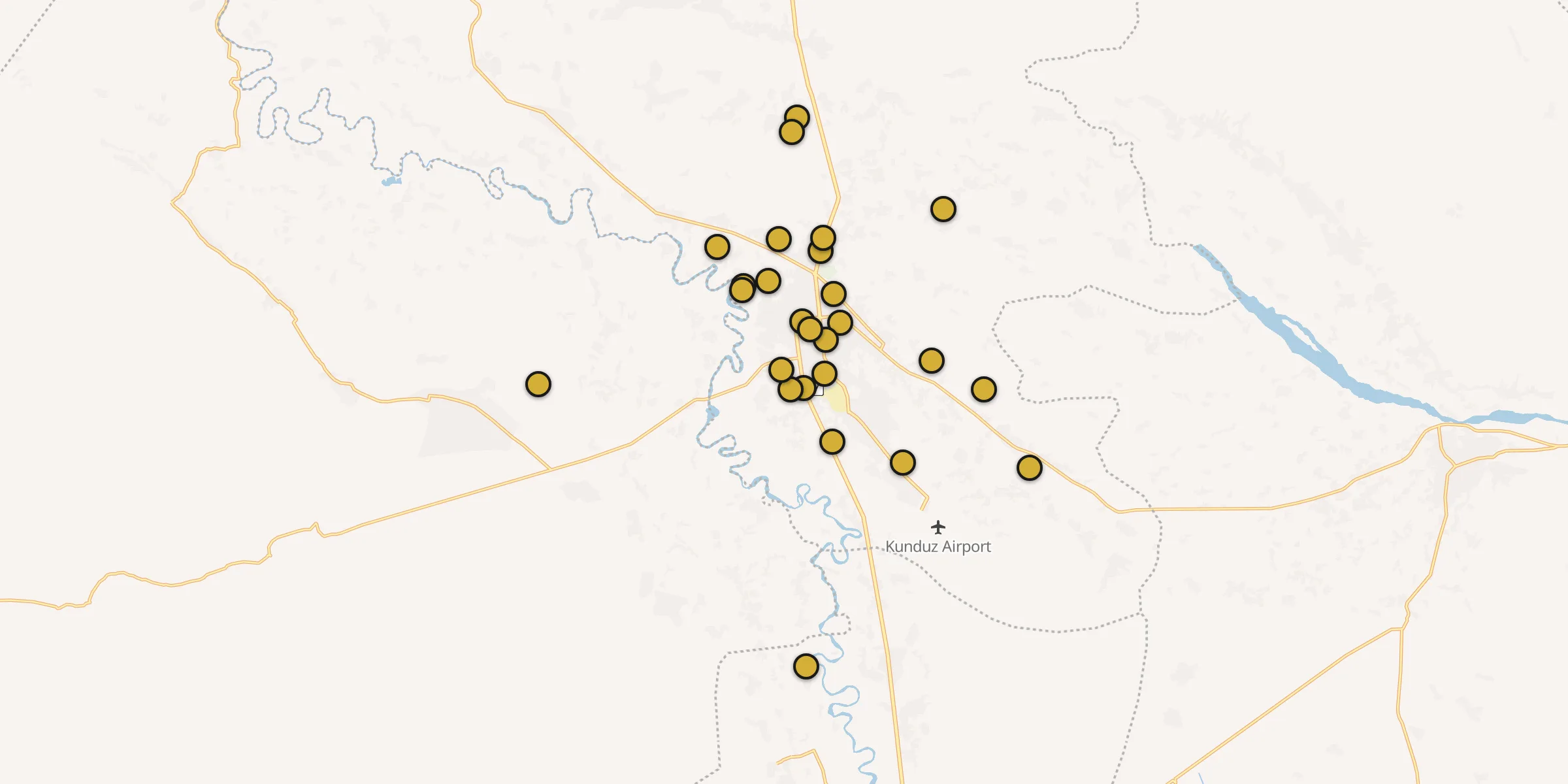 Plan des mosquées à Kondôz : cliquez sur un point pour voir la fiche